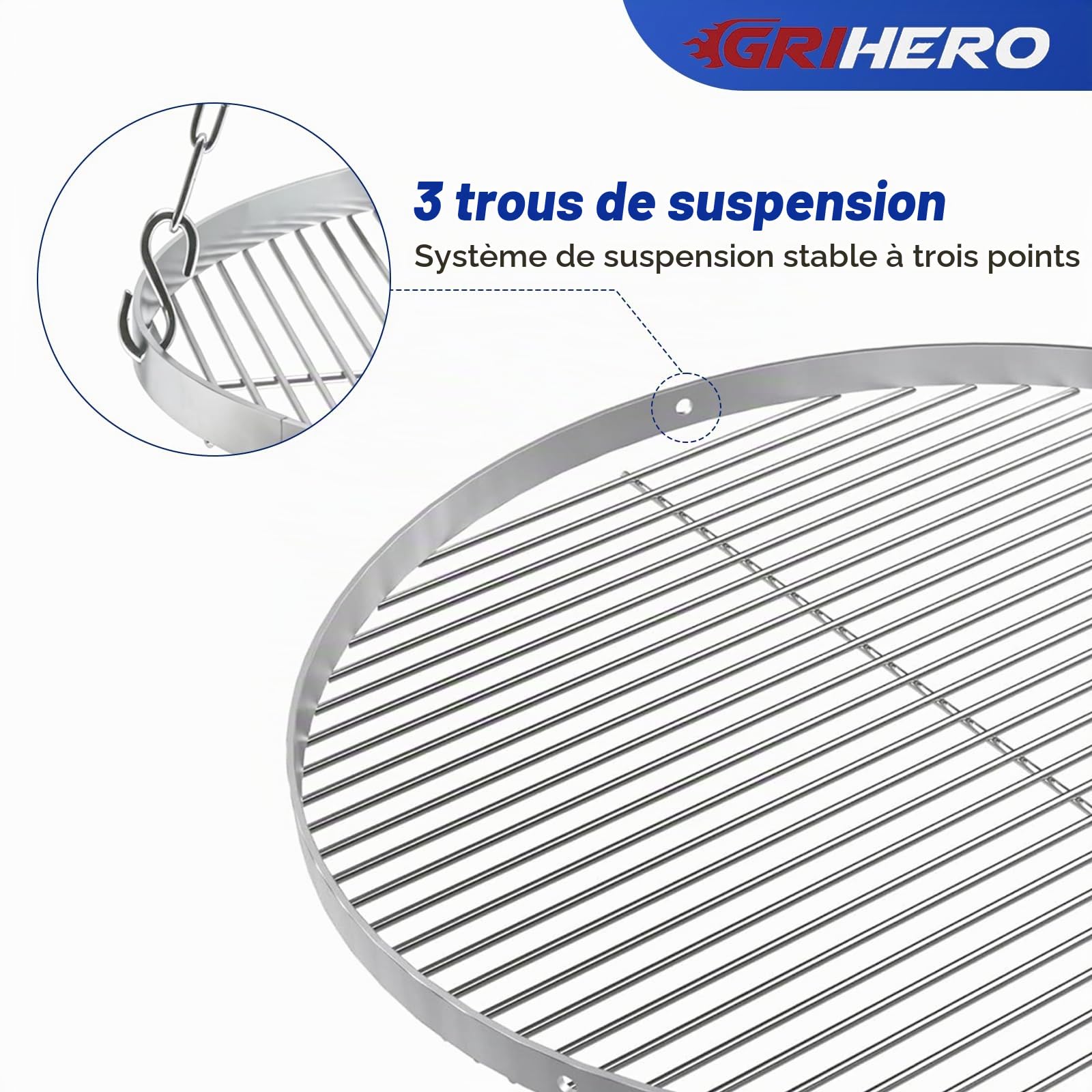 Grille de cuisson ronde en acier inoxydable de 70 cm pour barbecue pivotant, avec 3 trous de suspension, grille et brasero, trépied, accessoires de barbecue, épaisseur