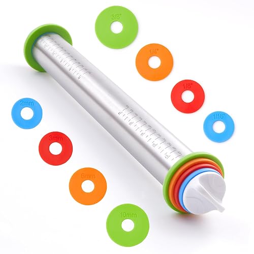 Rolling Pin with Thickness Rings, Fulimax 17' Adjustable Stainless Steel Rolling Pins for Baking, Dough Roller for Fonda