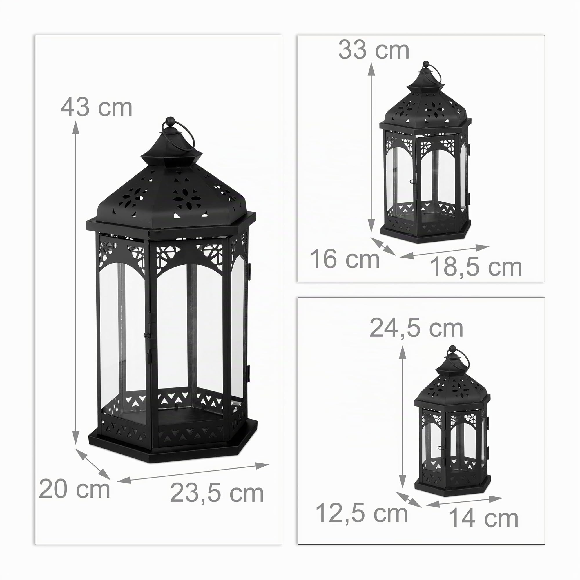 Relaxdays Set de 3 Farolillos Decorativos para Exterior e Interior, Hierro-Cristal, Negro, 3 Tamaños