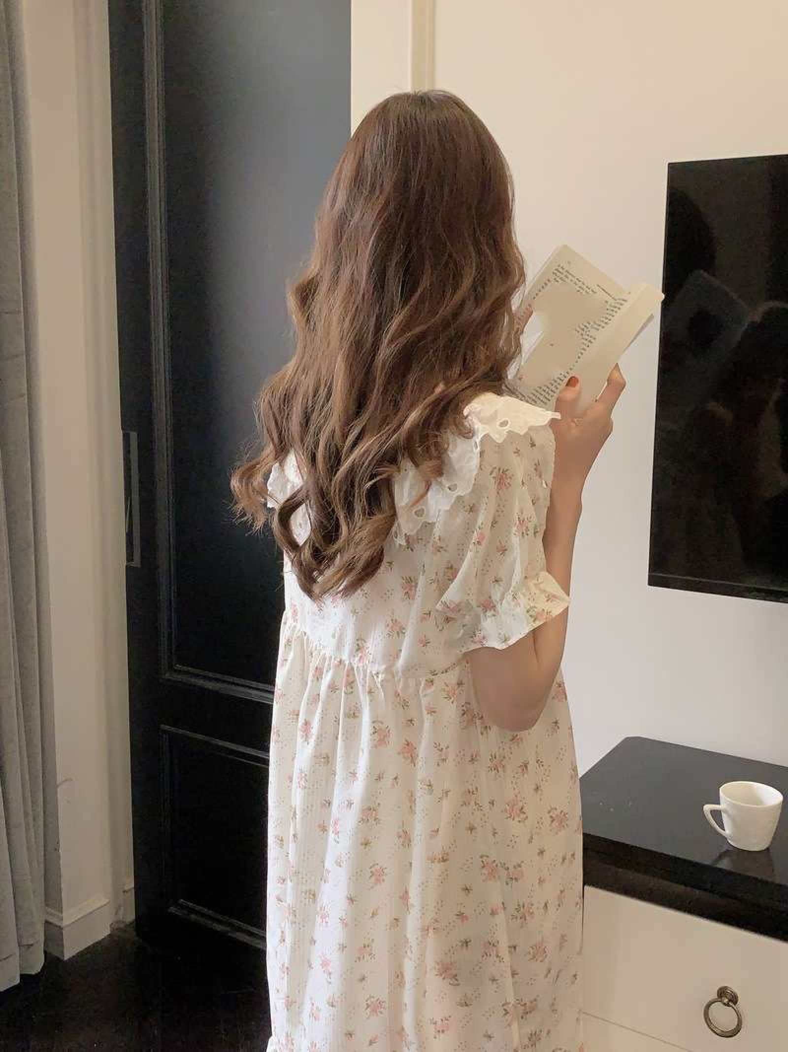 Kleines, Frisches Nachthemd-Pyjama Für Damen – Sommer, Süßer Blumendruck, Dünnes Maix-Kleid, Mädchen-Nachtwäsche, Homewear-Set Im Prinzessinnen-Stil, Modisches Kurzarm-Rüschen-Design, Langer