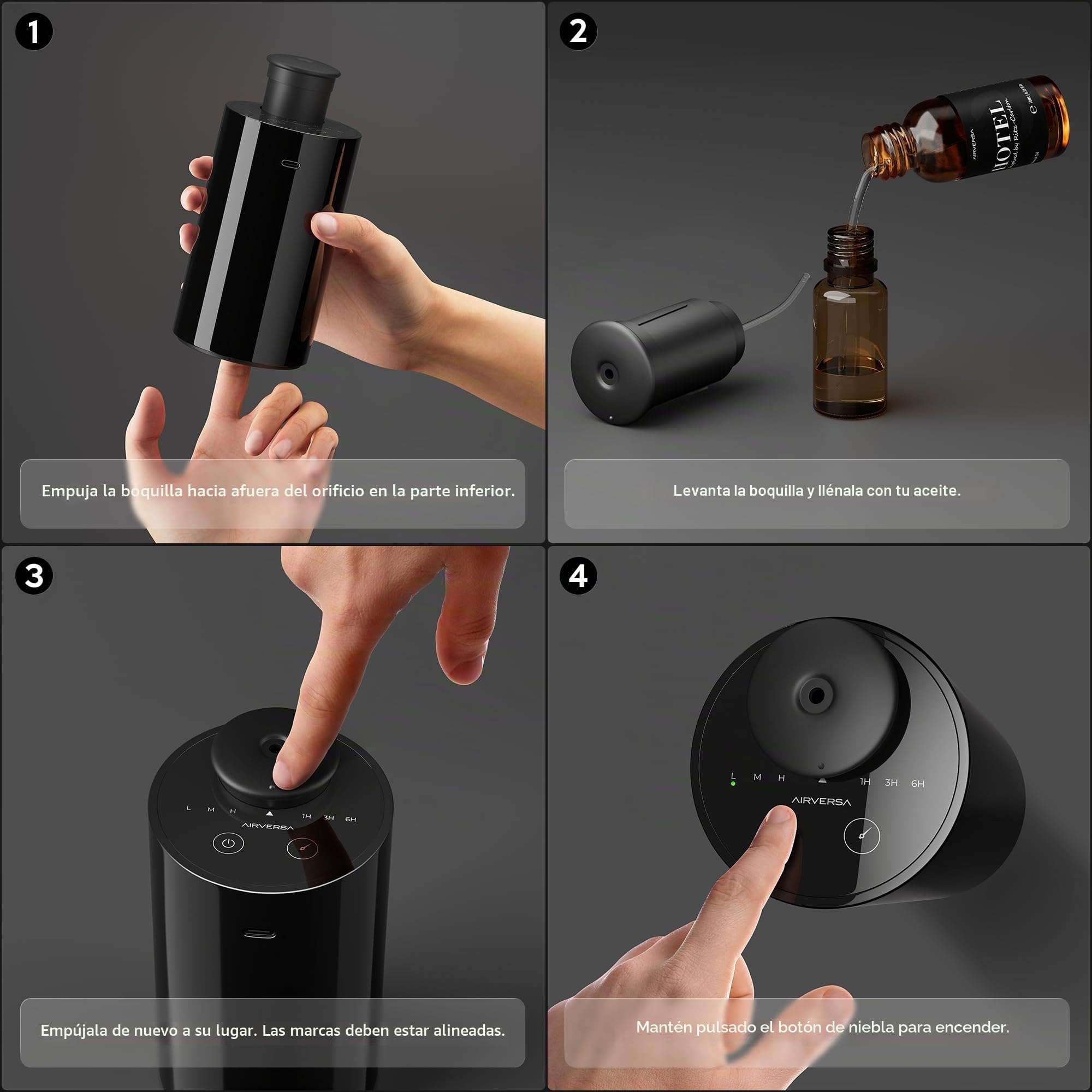 Airversa Difusor de aceites Esenciales sin Agua. Nebulizador a Pilas, Mini máquina de Aromas. Aromaterapia, 4 temporizadores, 3 Niveles de Vapor. para casa, Coche, Oficina. AN6 Negro