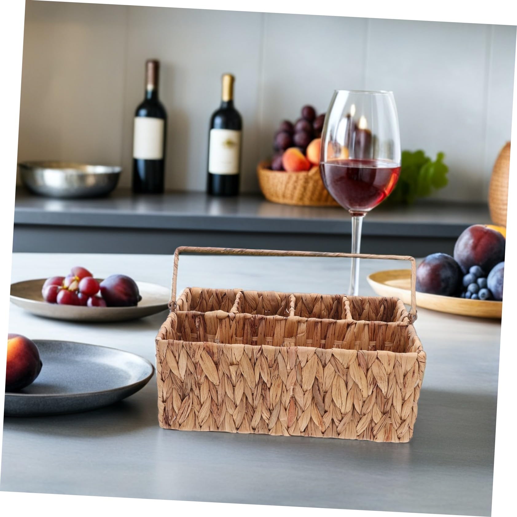 Zerodeko Cestino Portaoggetti in Vimini Con Manico Cestin Picnic Intrecciato Mano Organizer Per Posate Con Scomparti Cestino Per Riporre Utensili Da Cucina Picnic
