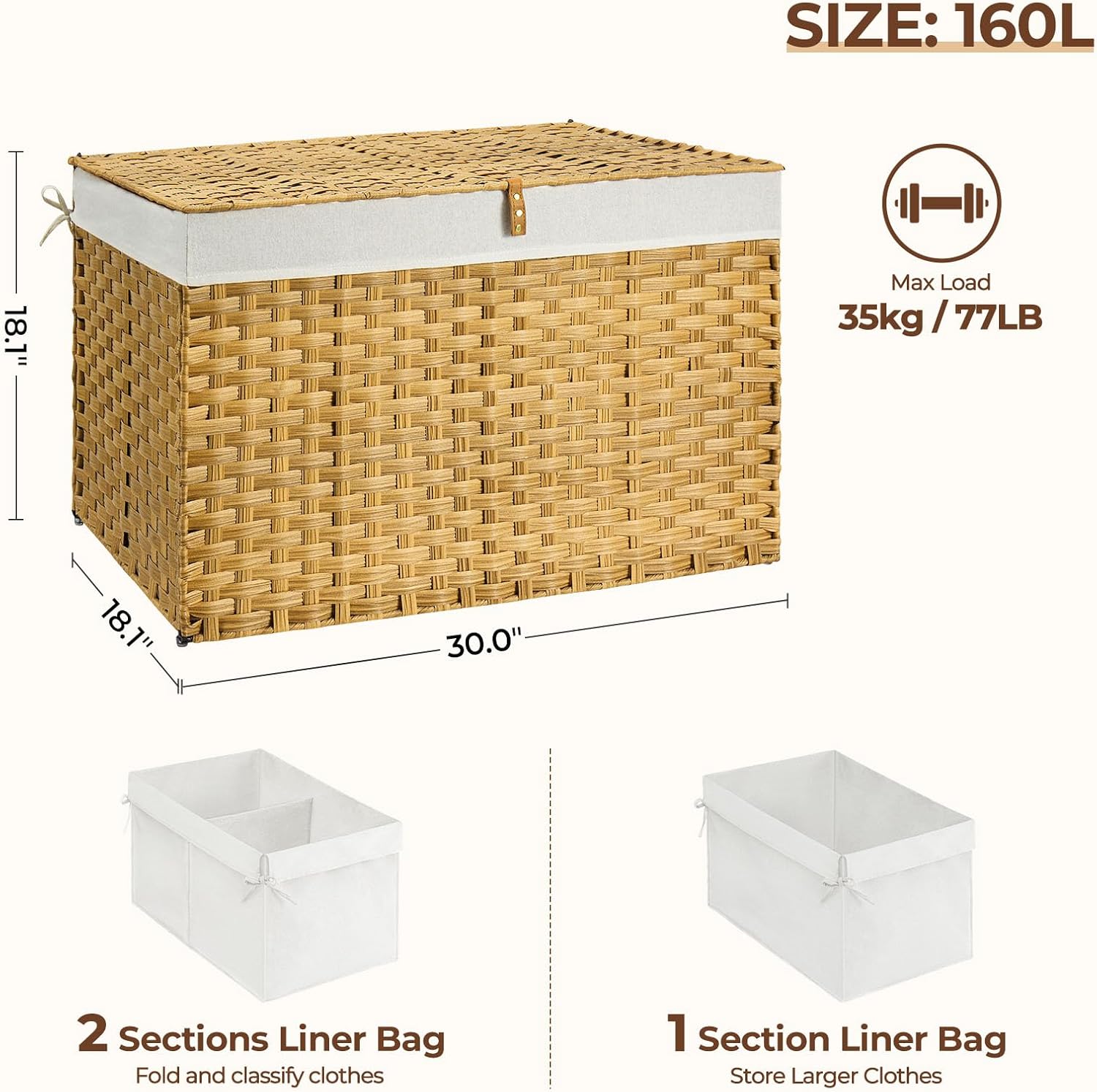 Greenstell Storage Basket with Lid, 160L Large Wicker Basket with Lid, Handwoven Blanket Storage Basket with Handles, Removable Cotton Liner, Metal Frame, Foldable for Bedroom, Laundry Room, Natural