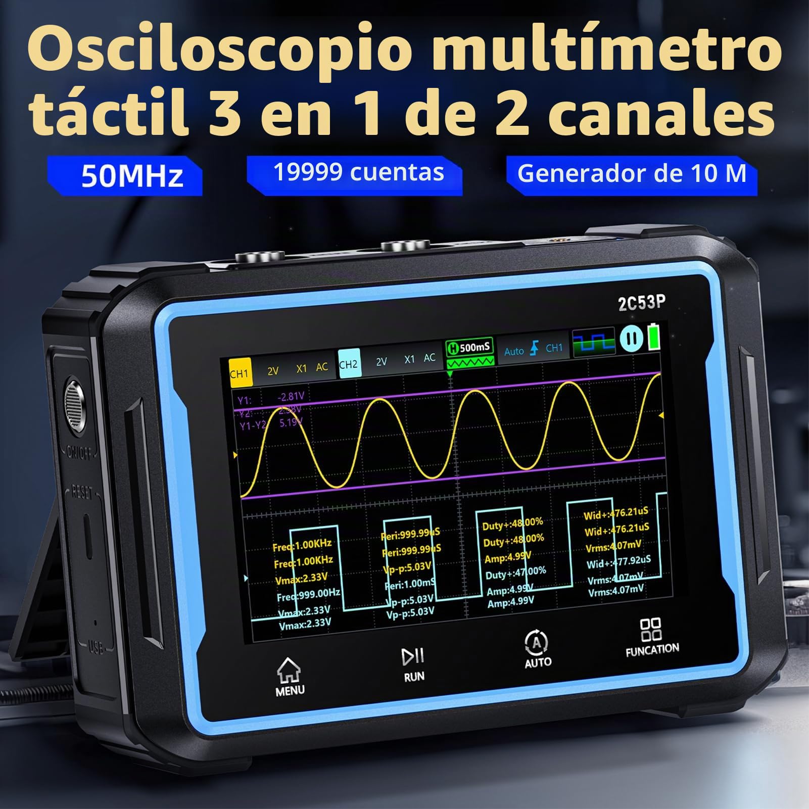 Osciloscopio,Osciloscopio Portátil De Tableta,Multímetro Generador De Señal Ancho De Banda 50Mhz,Muestreo 250 Msa/S Probador Digital De Transistor De Punción,Español Conmutable