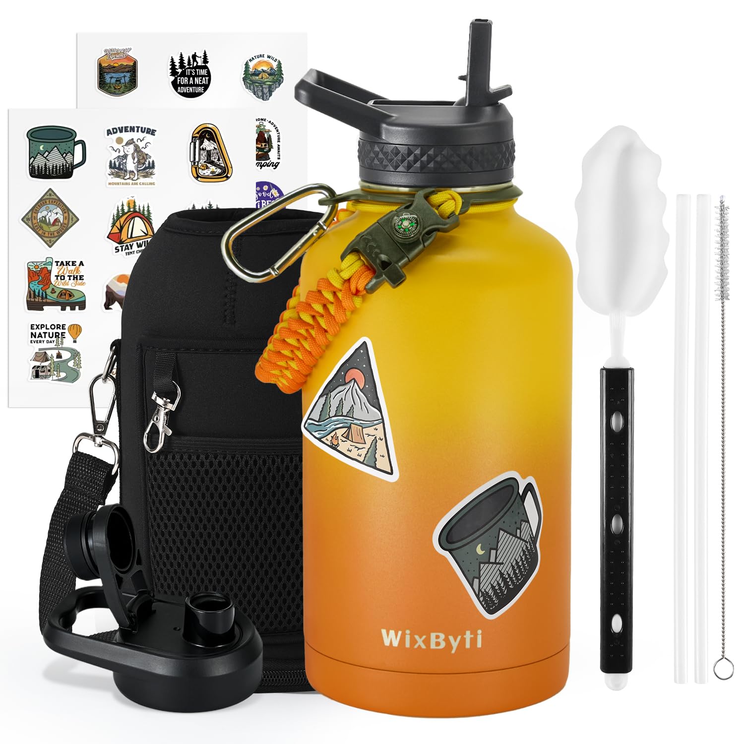 64 oz Insulated Water Bottle with Straw (Cold for 48 Hrs), Half Gallon Stainless Steel Triple Wall Vacuum Sports Water Jug, Leakproof Hydro Cup Flask with Straw Spout Lids & DIY Stickers