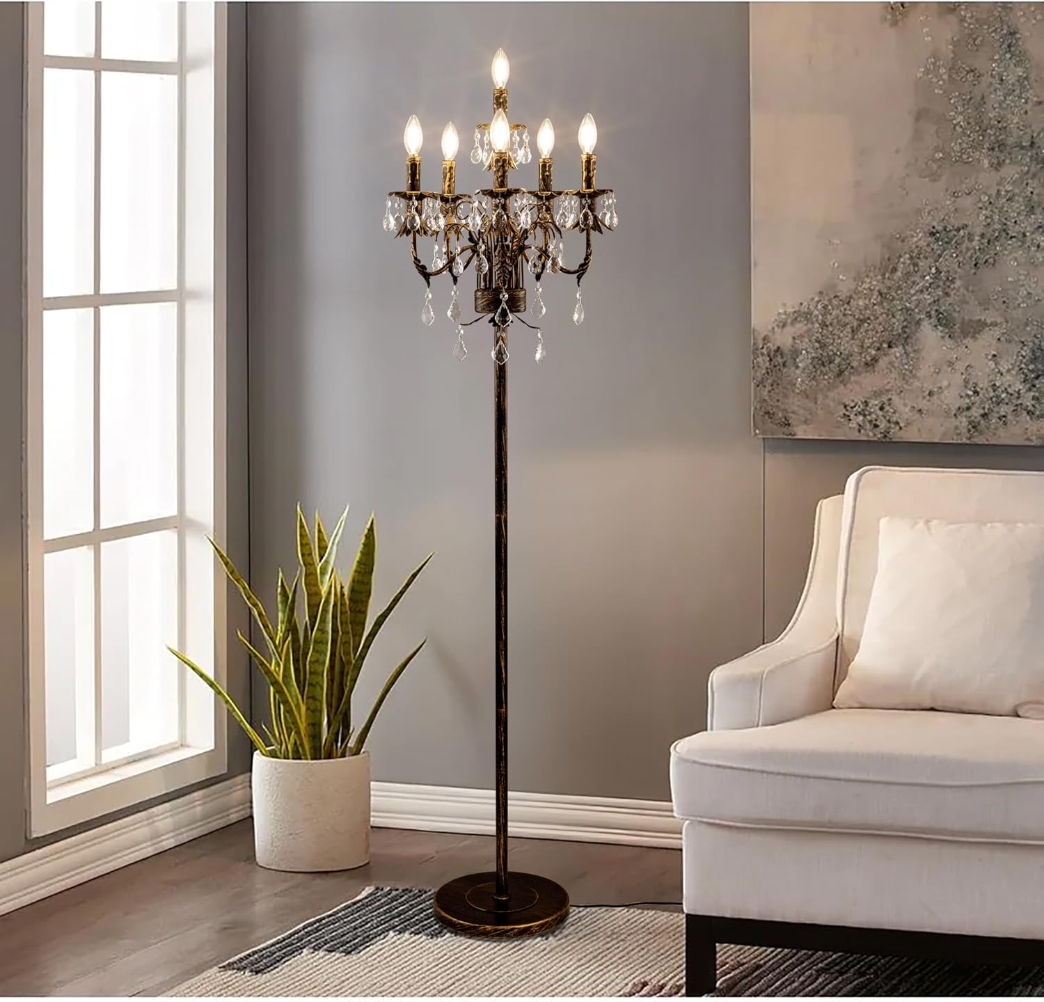 Wellmet Bronze Floor Lamp for Living Room Corner, 6 Lights Farmhouse Standing Lamp, Tall Crystal Floor Lamp with Foot Switch for Office, Reading Room, Bedroom (E12 Base)