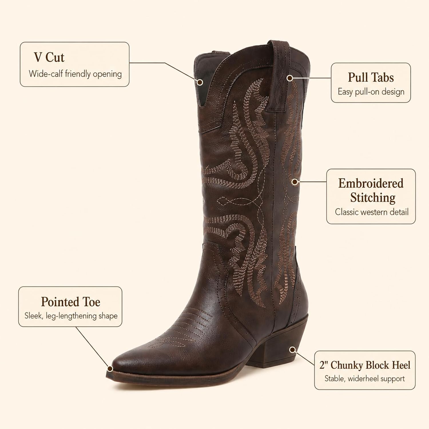 Western Cowboy Boots for Women: Mid Calf Country Concert Cowgirl Boots - 2 Inch Chunky Heel Pointed Toe - Classic Embroidered Detailing