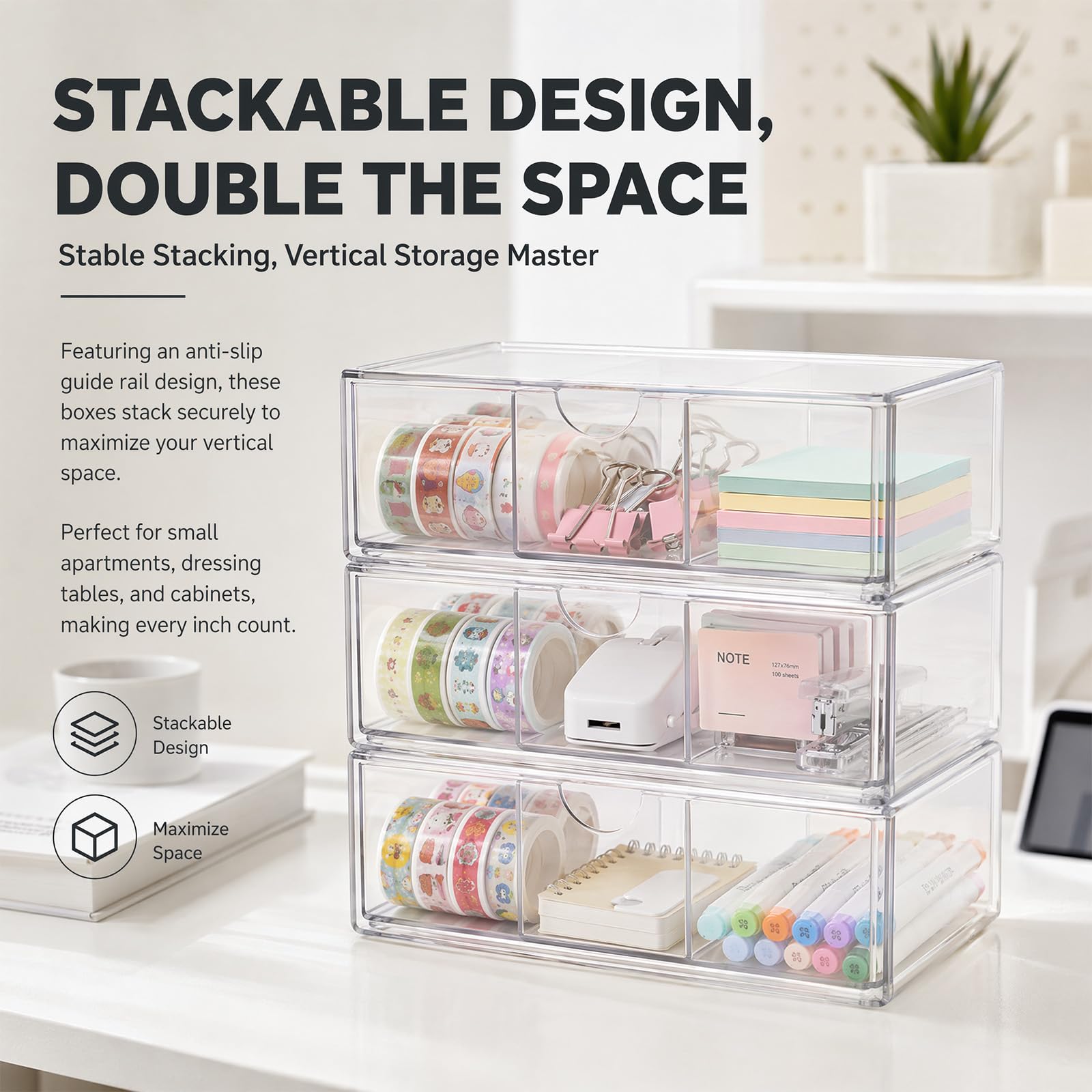 Set di 3 contenitori in acrilico con cassetto, impilabili, 20,5 x 10 x 7 cm, scatola trasparente con divisori rimovibili, per gioielli, capsule di caffè, prodotti sanitari, ufficio