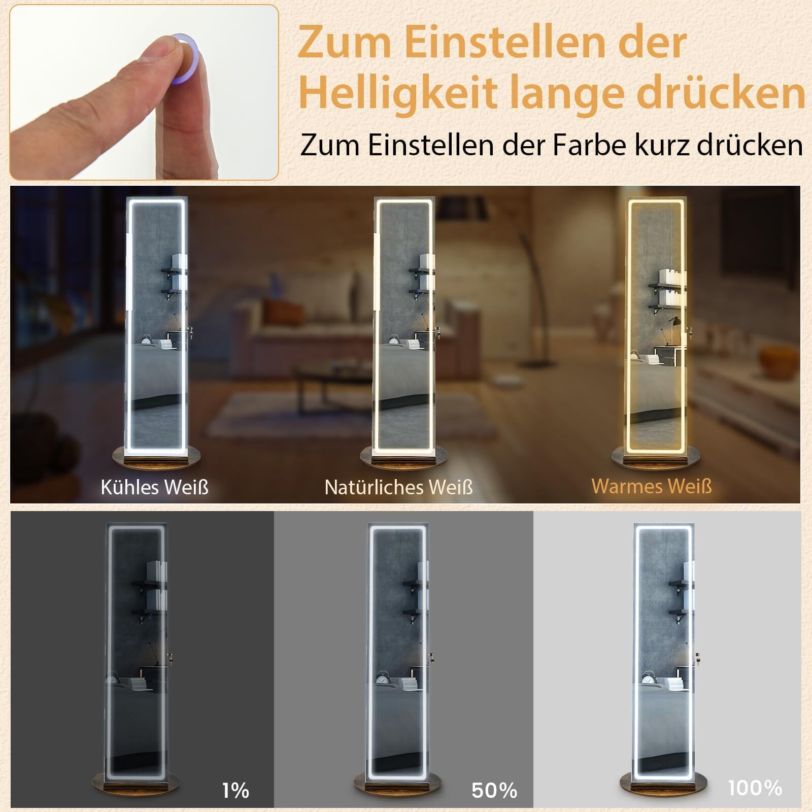 RELAX4LIFE Schmuckschrank, Schmuck Spiegelschrank stehend, Standspiegel mit LED-Lichtern, mit Ganzkörperspiegel, 3 Ablagen, 360° drehbar, abschließbar, mit Schlüsseln(Kaffee)
