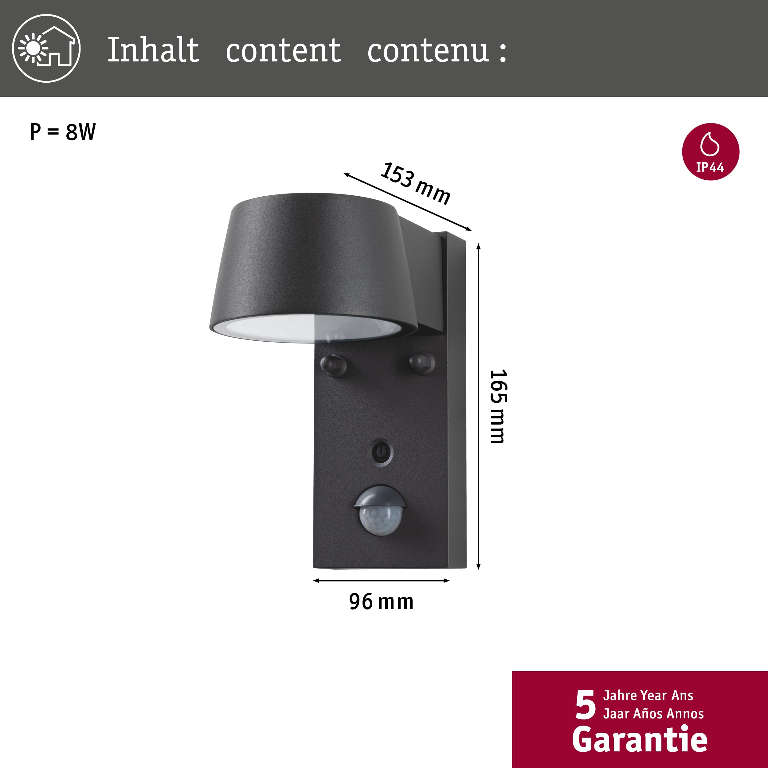 Paulmann Applique extérieure LED Capea Détecteur de mouvement crépusculaire (IR) respectueux des insectes IP44 96x165 mm Tunable Warm 6W 450lm 230V 98° Anthracite Aluminium 94714