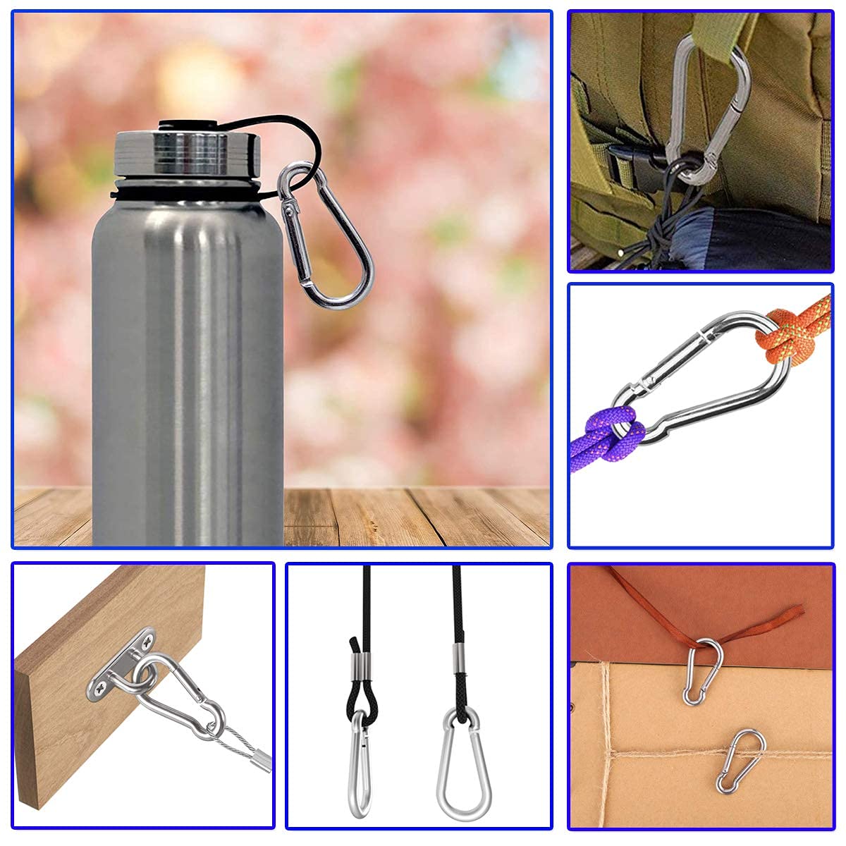 Mosquetón de acero inoxidable 304 con resorte para camping, senderismo, viajes, pesca