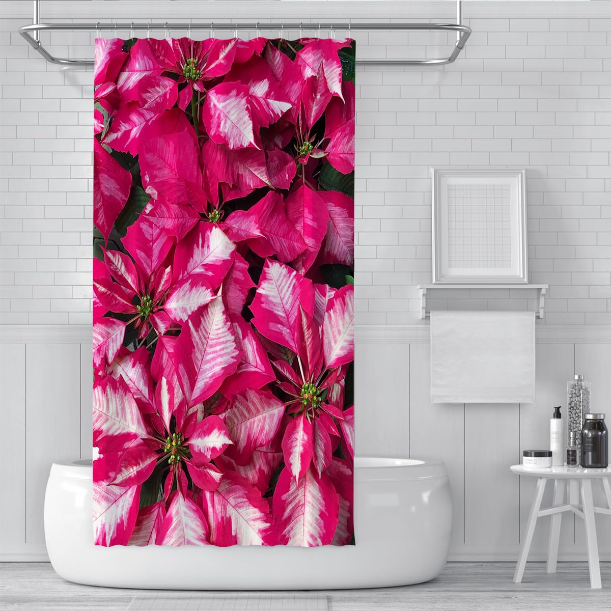 Cortina de Ducha roja 240Bx200Lcm Moda para el hogar Flores de Navidad Poinsettias Tela Cortinas de Ducha de baño 240Bx200Lcm con Ganchos Diseño Impermeable y Lavable