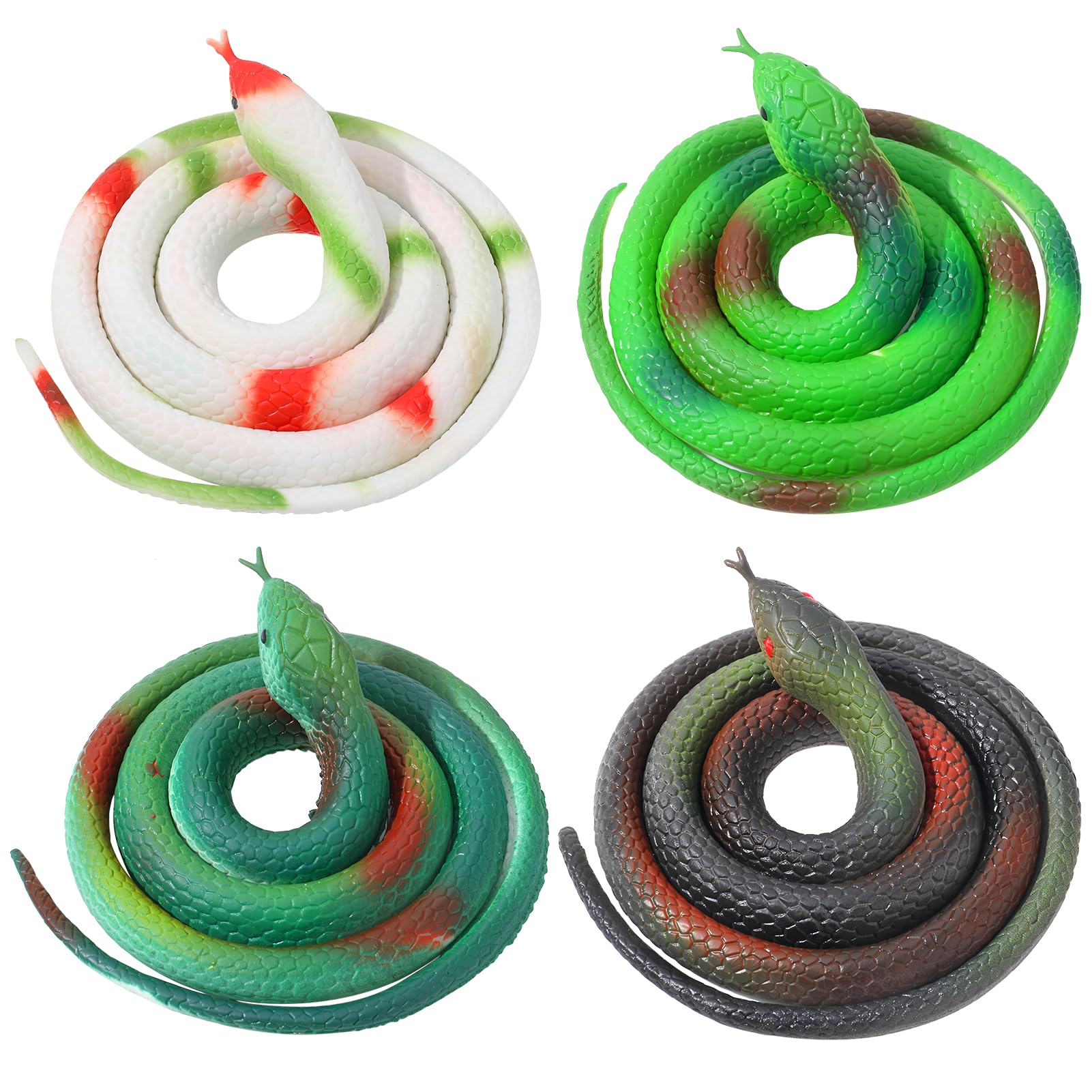 GSrenyu 4 Piece Rubber Snake, Toy Snakes 30 Inch Fake Snakes Halloween Prank Props Multicolor Realistic Snake for April Fools Day, Boys Favorite, Pool Party