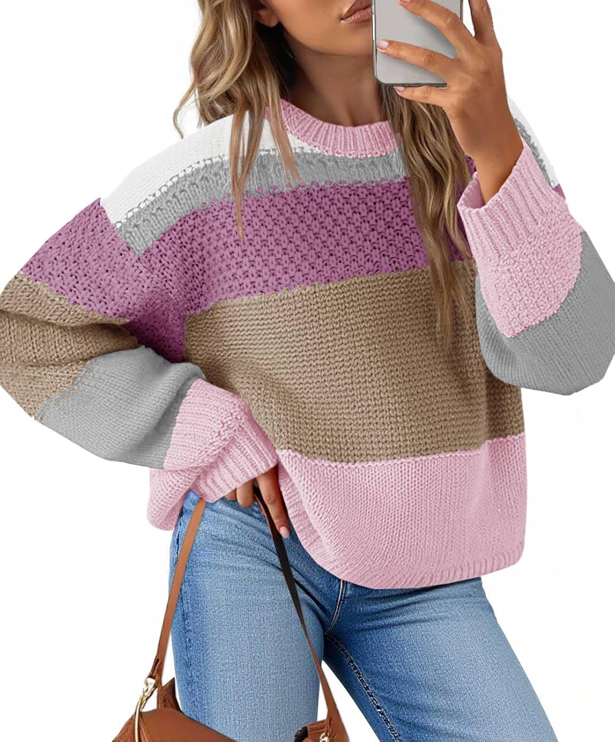 Saodimallsu Womens Color Block Cropped Sweaters 2025 Winter Trendy Casual Oversized Y2k Going Out Striped Pullover Tops