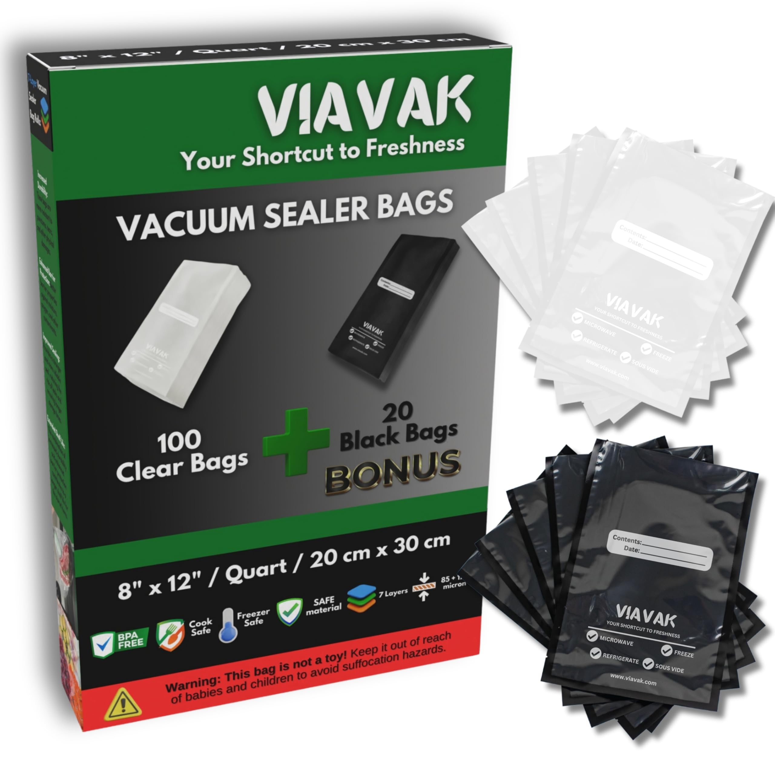 VIAVAK (8x12 Inch) Vacuum Sealer Bags for Food | 100 Clear + 20 Bonus Black | 7-Layer Commercial Grade, BPA-Free, Writable Surface for Content & Date,