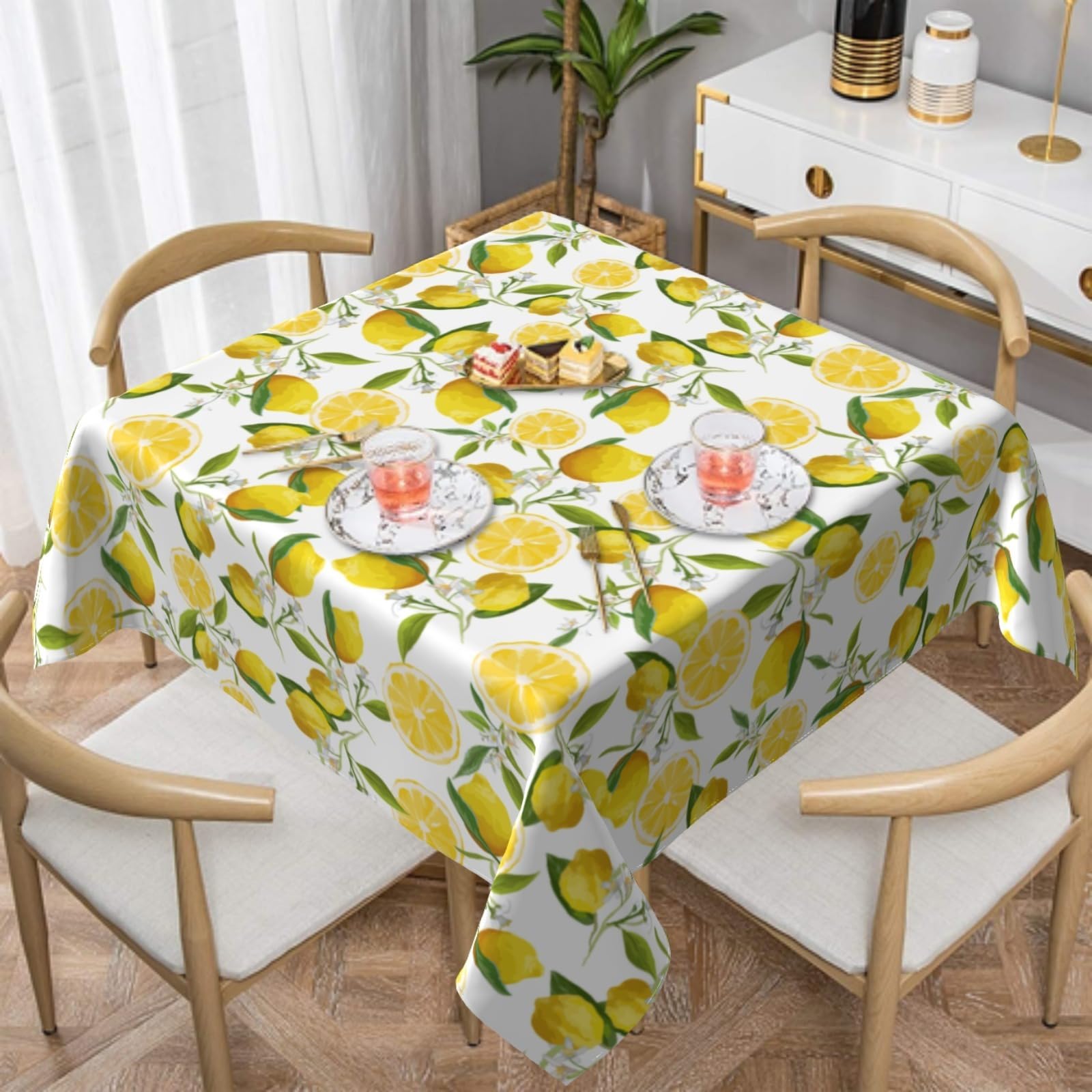 FJQWKLF Lemon Tablecloth 54×54 Inch Square Spring Summer Table Cloth Water-Resistant Spill-Proof Washable Fabric Tablecover for Kitchen Dining Party Picnic Indoor Outdoor