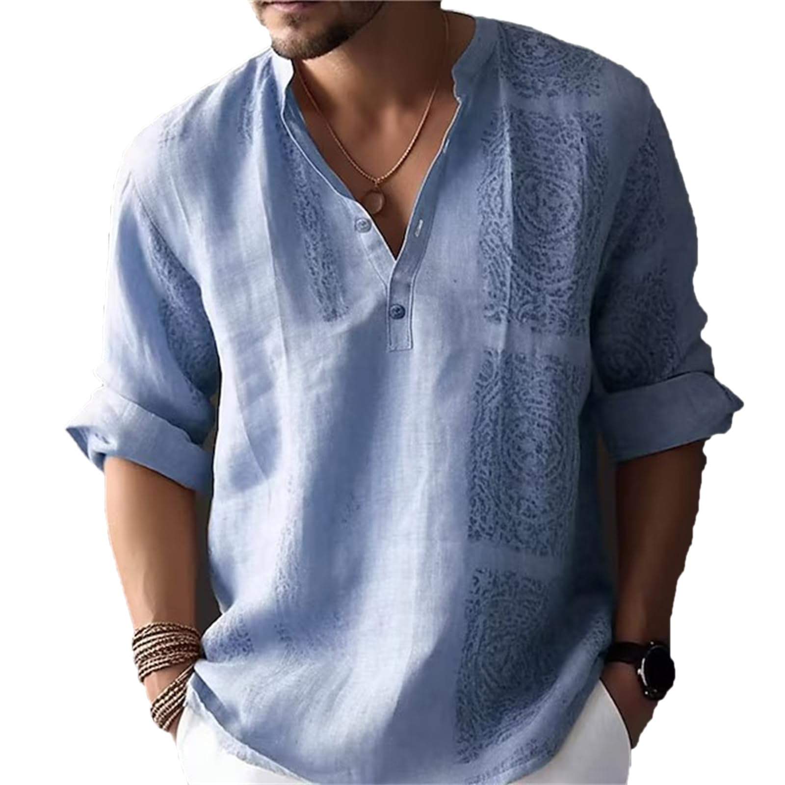 Famesale Men's # 1 Casual Stand Collar Shirt Long Sleeve Henley Shirt Button Down Roll-Up Sleeve Summer Casual Beach Shirts