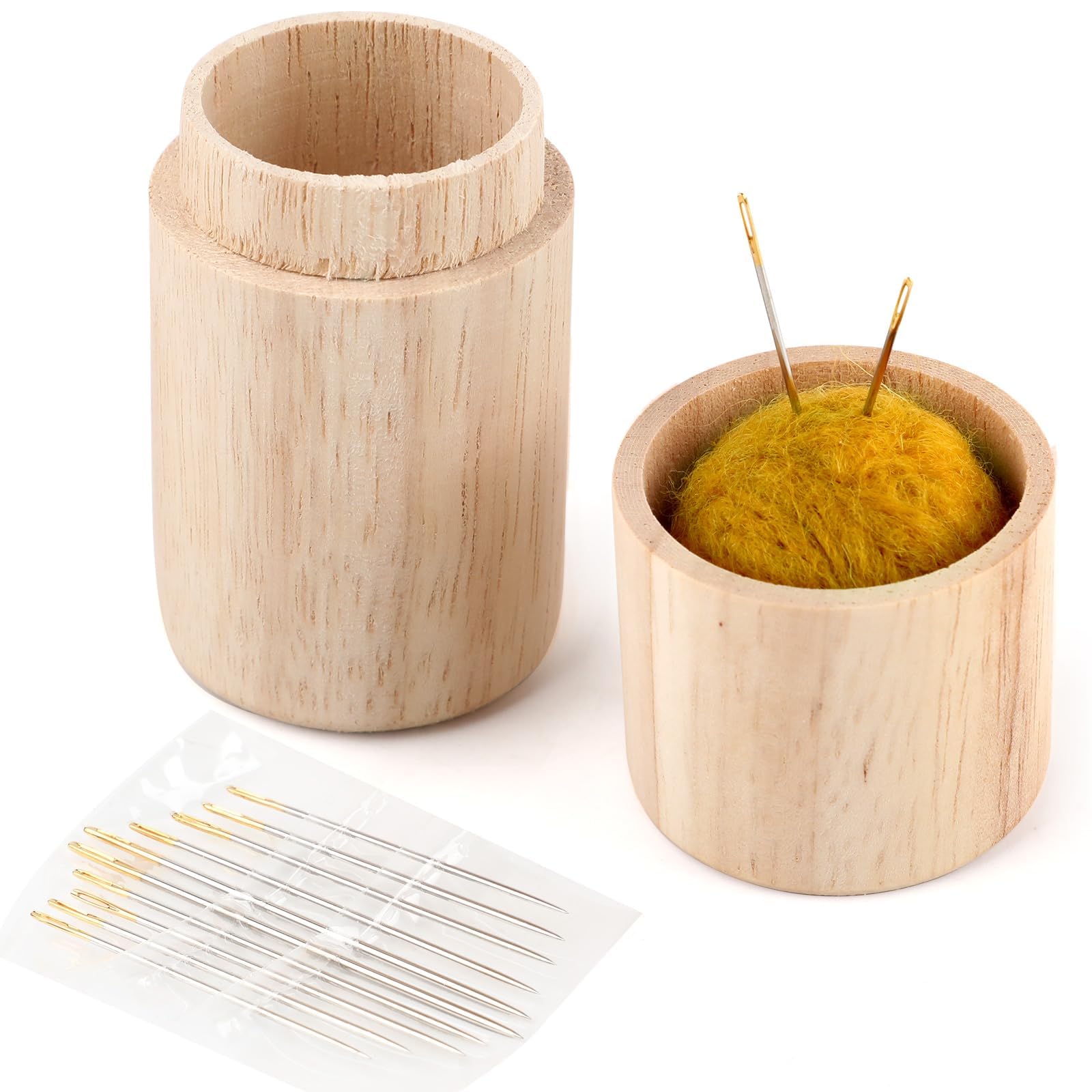 Wooden Sewing Needle Case with 12 Needles and Pin Cushion, Portable Travel-Friendly Needle Storage Box with Large Capacity for Embroidery, Knitting & Sewing Essentials(Yellow)