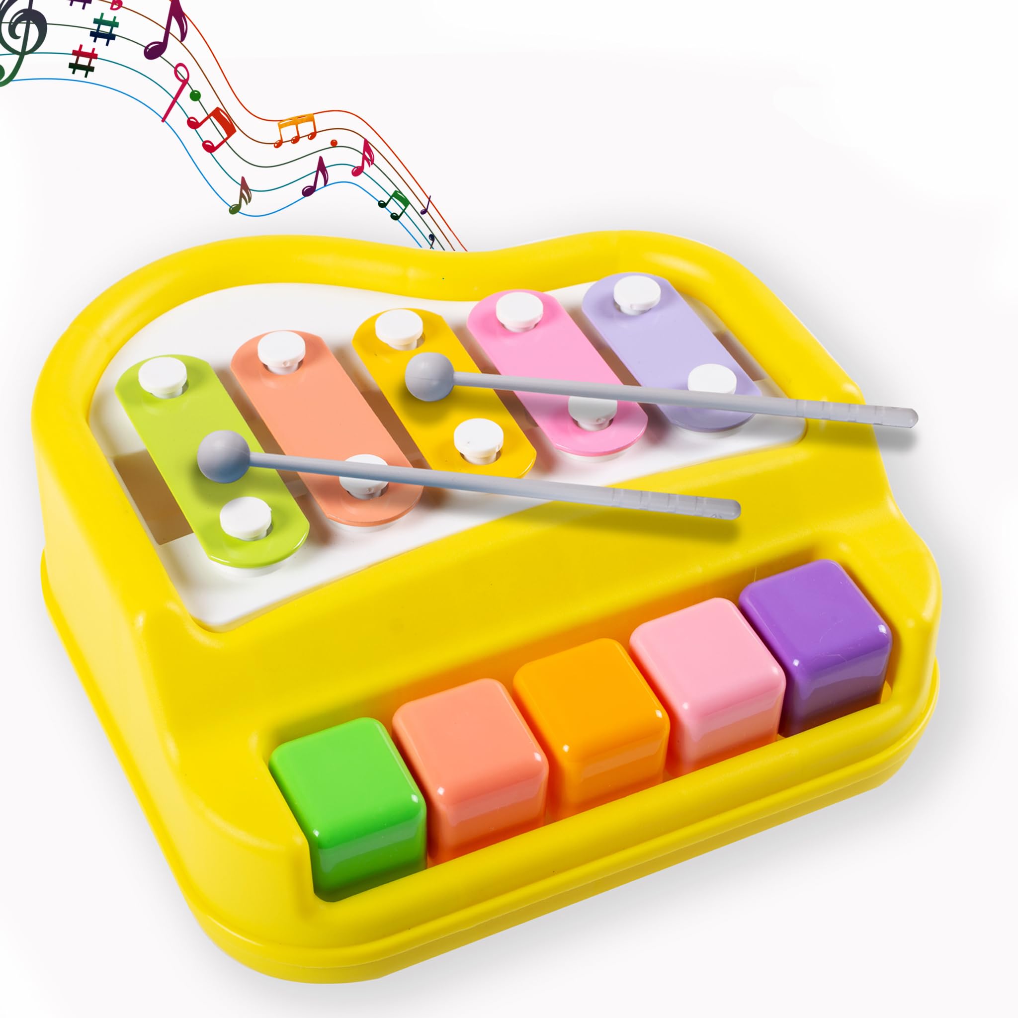 Gooyo 1503 Non Battery 2 in 1 Mini Piano and Xylophone Toy with Colorful Keys & 2 Mallets for Babies/Girls/Boys/Kids/Gifts | (Battery Not Required) (Yellow)