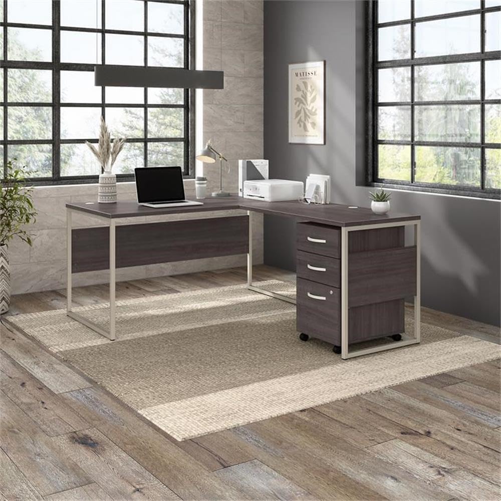Pemberly Row Desk Return/Bridge, 42W x 24D, Engineered Wood, Storm Gray Finish, Built-in Wire Management Grommet, Compatible with L or U Shaped Desks, Modern Office Furniture Accessory