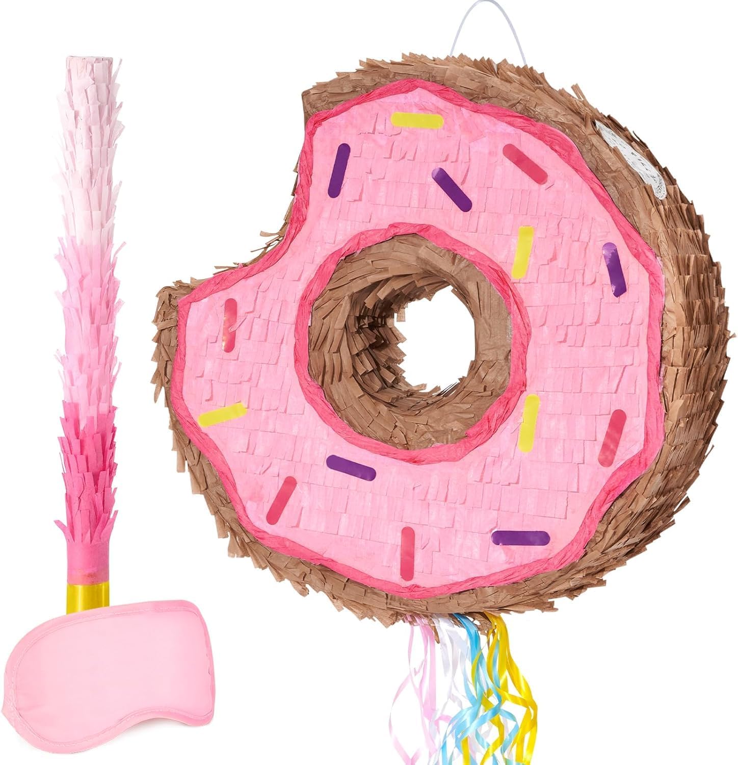 WERNNSAI Donut Pinata – Geburtstag Deko Piñata Mädchen Kinder Rosa Donut Piñata mit Stock Augenbinde Zugschnur Geburtstagsparty Pinata Dekoration Lustig Sommer Partyspiele Dessert Deko Zubehör