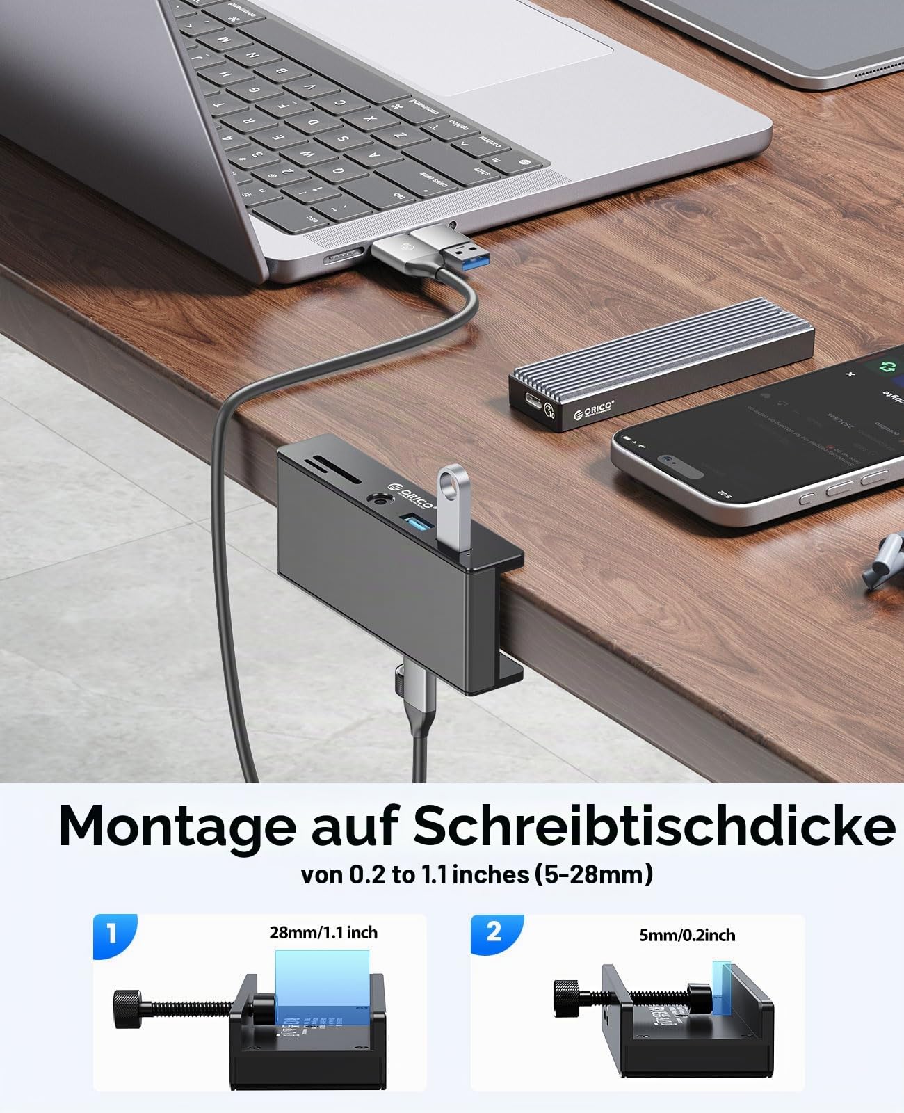 ORICO Clip-Typ USB Hub mit SD/TF Kartenleser, 5 in 1 USB Hub 3.0 mit 2 Typ A 3.0 Ports, 3.5 mm Audio, 5Gbps USB Verteiler mit 5V Stromversorgungsanschluss, Für Monitore, Desktop