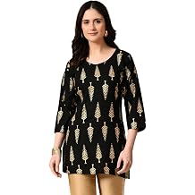 LIBOZA Short Kurti for Women for Jeans, Rayon Cotton Kurtis for Ladies, Gold Printed U Neck Women's Tunic Design Kurta, Top Floral Kurtas for Woman