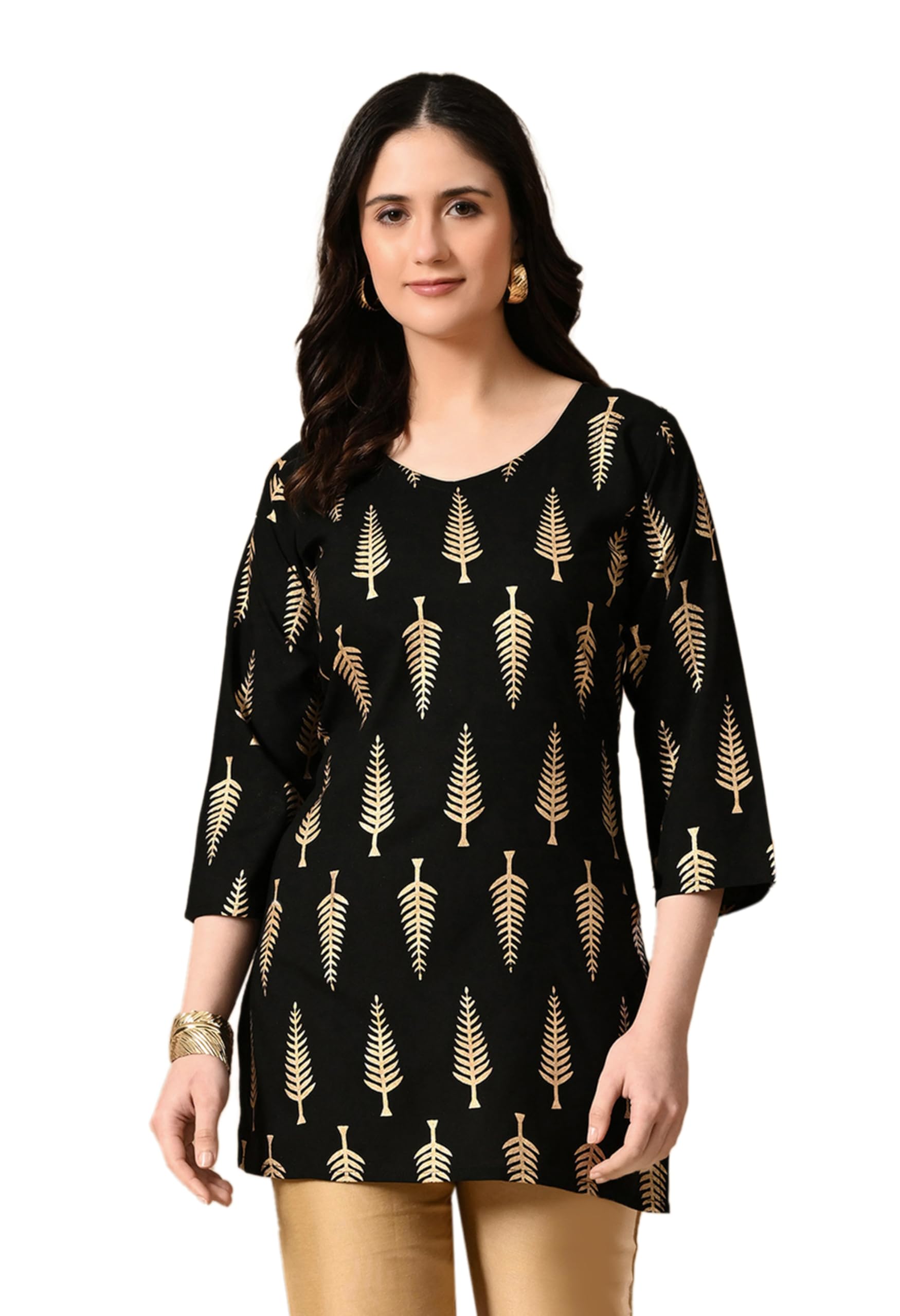 LIBOZA Short Kurti for Women for Jeans, Rayon Cotton Kurtis for Ladies, Gold Printed U Neck Women's Tunic Design Kurta, Top Floral Kurtas for Woman