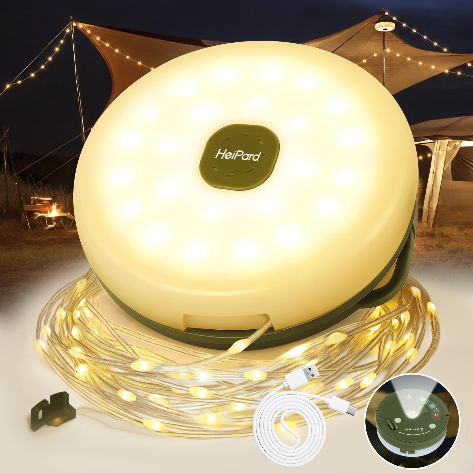 HeiPard Luci Catena Luminosa da Esterno da Campeggio Avvolgibile 10 M 100 LED, 8 Modalità, Timer, Portatile Impermeabile Luci LED da Esterno Ricaricabili USB per Campeggio, Esterni, Balcone, Giardino