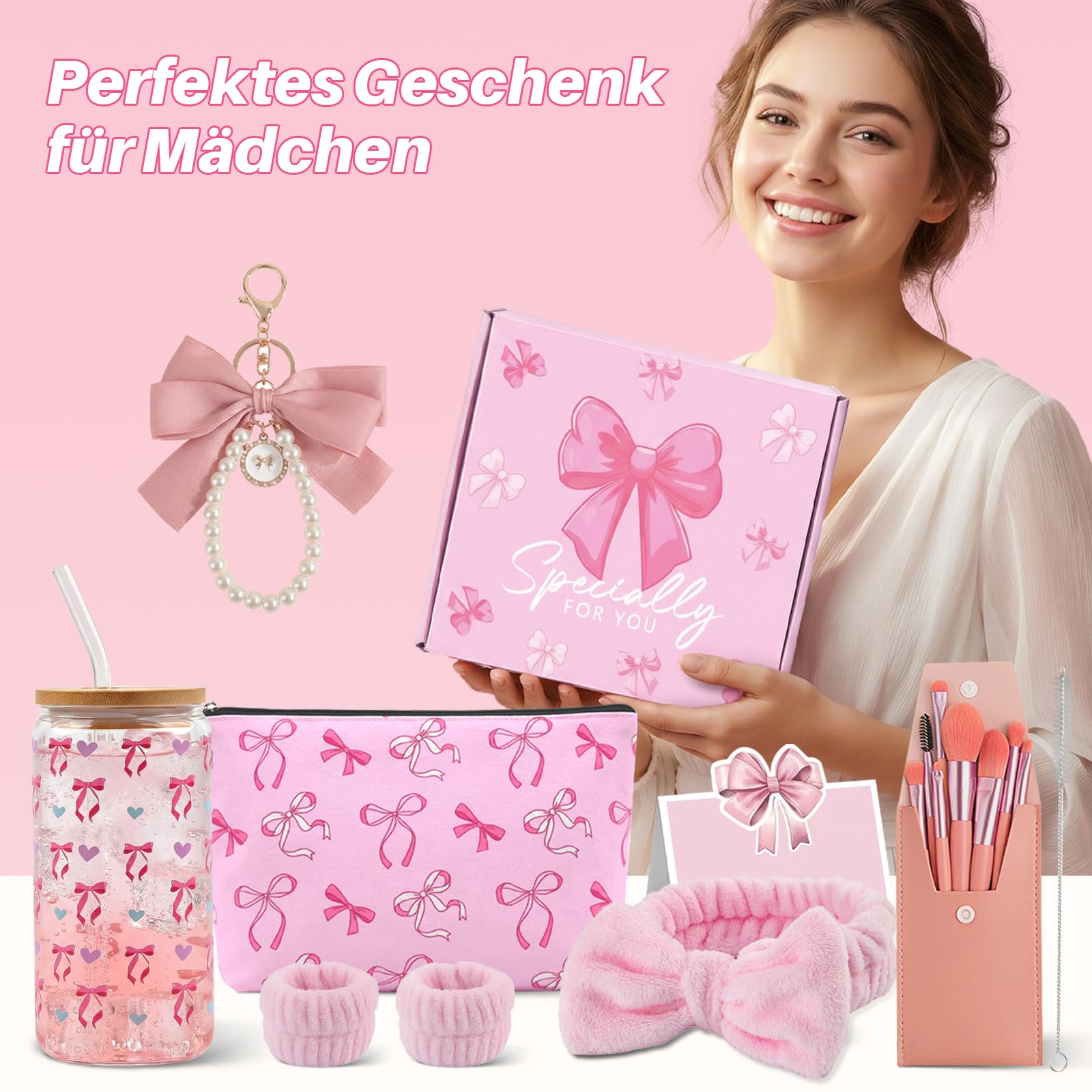 Cadeaux pour Filles de 9 10 11 12 13 14 15 16 Ans,Coffret Cadeau Femme,Anniversaire Fille Trousse, Verre, Pinceaux Maquillage Bandeau, Carte