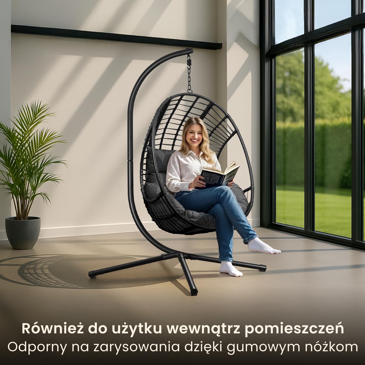 Fotel wiszący Swoods XXL Egg - Fotel wiszący ze stojakiem - Do wnętrz i na zewnątrz - Zawiera poduszki - Odporny na warunki atmosferyczne - Fotel Egg - do 150 kg (Ciemnoszary)