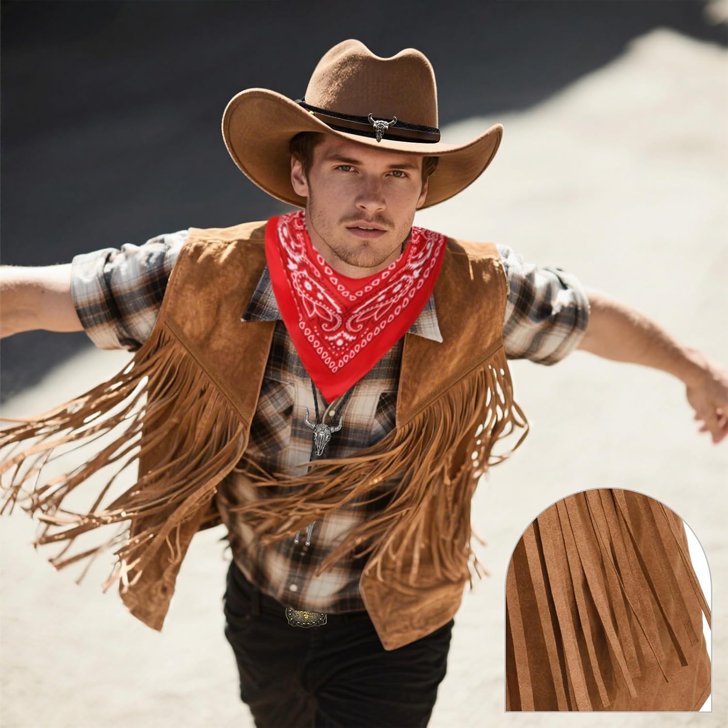 5 PCS Cowboy Outfit for Men-Western Costume Set Hat Necklace Bandana Tassel Vest for Cosplay Rodeo Party