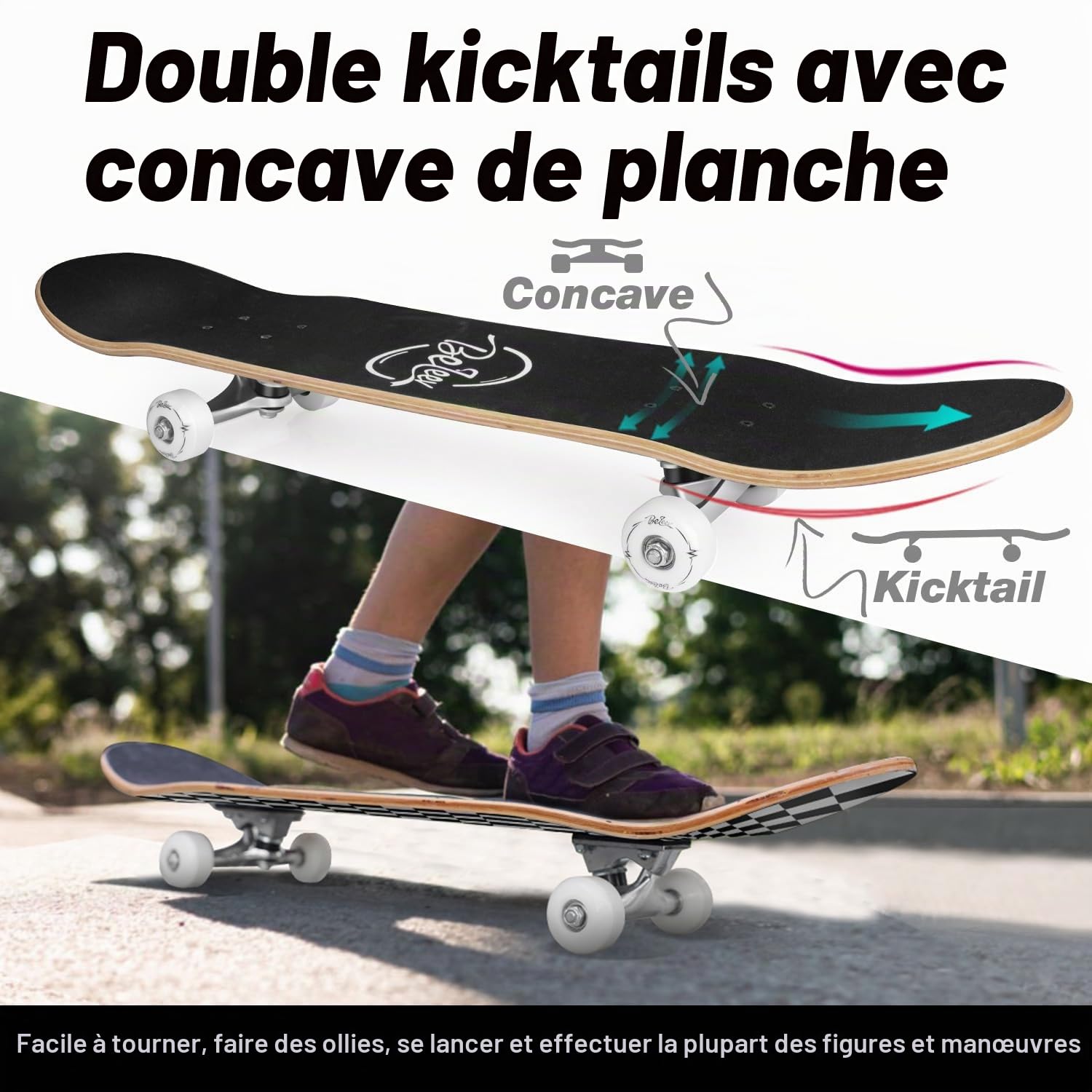 BELEEV Skateboard 31x8 pour Débutants, Enfants, Adolescents et Adulte, Complet Pro Cruiser Skateboard pour Fille Garcon, Érable Canadien 7 Couches, Double Plateau Concave avec Outil en T