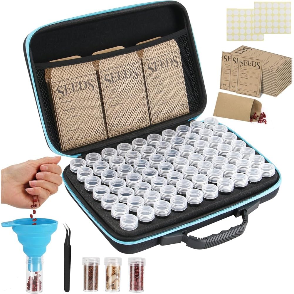 Littimoon Garden Seeds Saver Kit 70 Slots Seed Storage Organizer, 20 Seed Envelopes, Write Label, Includes Funnel