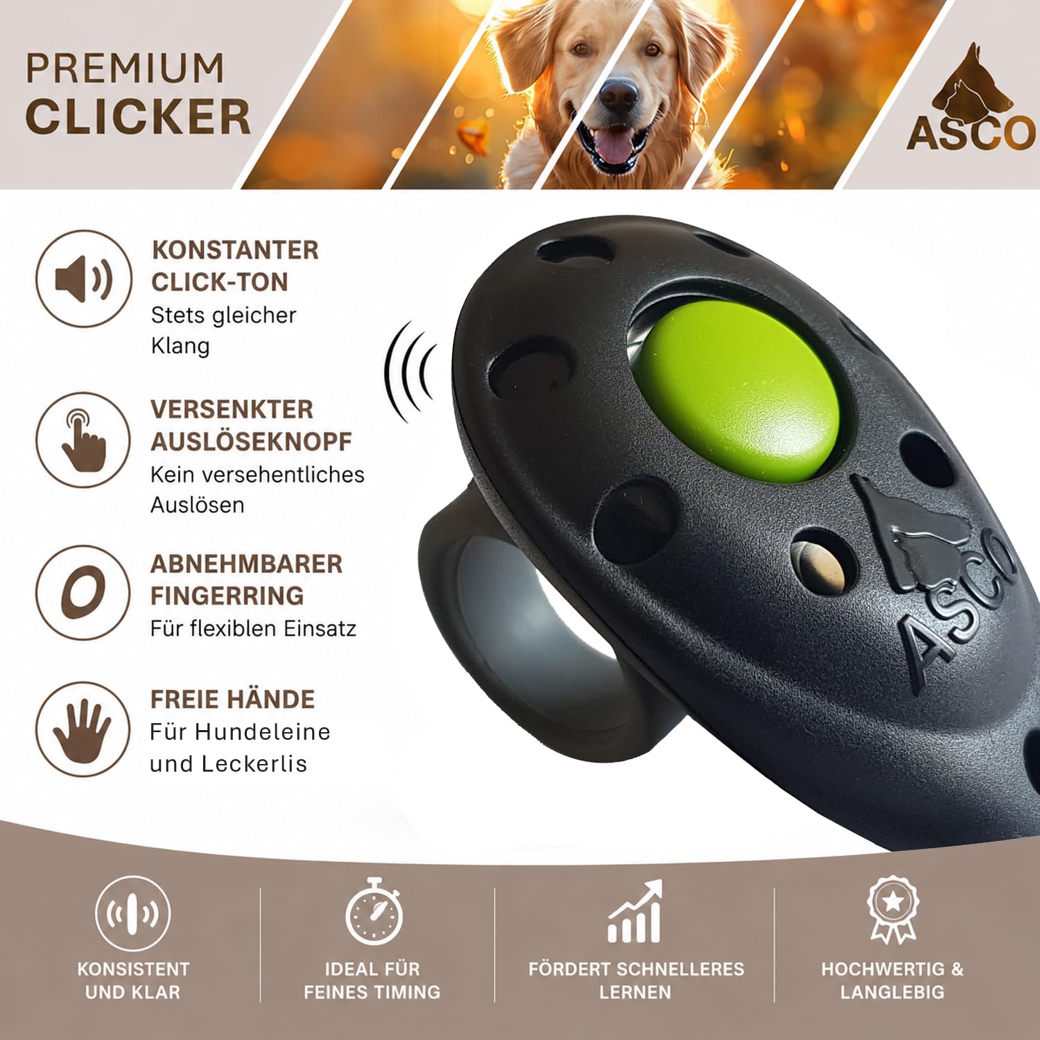 ASCO Finger Clicker, clicker Haut de Gamme pour Le Dressage au clicker, Chiens, Chats, Chevaux, clicker Professionnel, clicker pour Le Dressage des Chiens, Noir AC01F