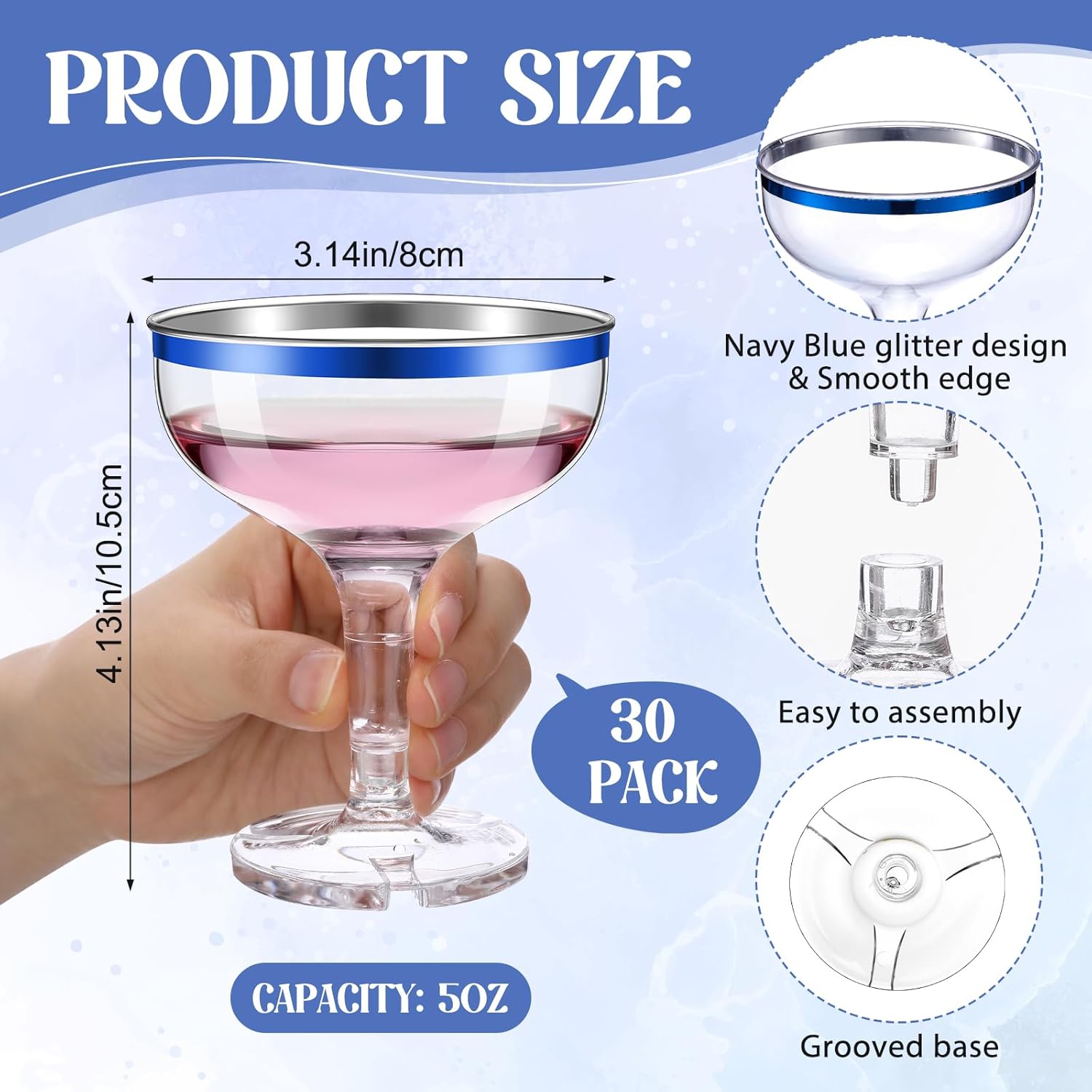 Zopeal 50 Pcs Plastic Champagne Glasses 5 oz Plastic Coupe Disposable Cocktail Cup for Wedding Party Birthday Anniversary Stackable Reusable Martini Glasses (Blue Rim,Clear) - Image 2