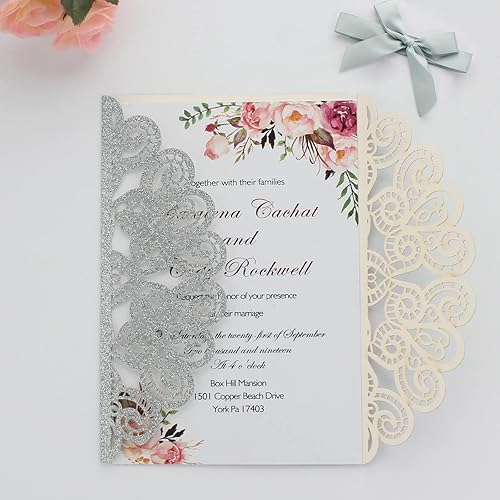 Miniatura 3 de Kyutong 50 invitaciones de boda con sobres y tarjetas Rsvp invitaciones de corte láser con purpurina plateada con cintas plateadas para invitaciones