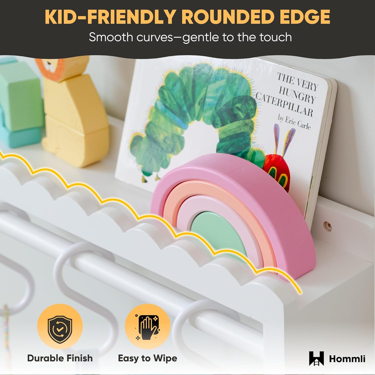 Nursery Book Shelves, Scalloped Shelves, 4-Pack White Set with 1 Hanging Rod and 8 S-Hooks for Kids’ Rooms and Baby décor