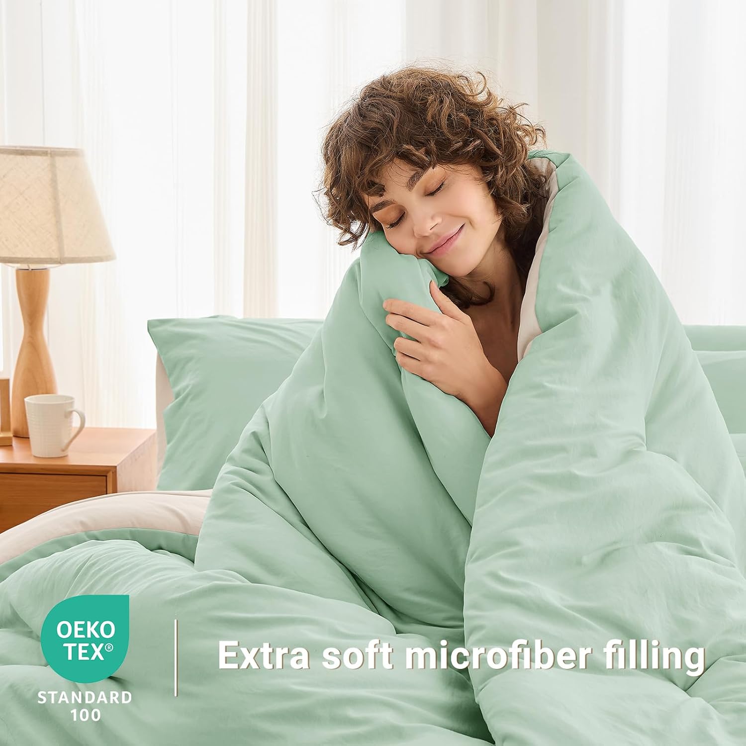 MUXHOMO 7 Pieces Queen Comforter Set, Soft Bed in a Bag Queen Size, All Season Bedding Set with Comforter, Flat Sheet, Fitted Sheet, Pillowcases & Shams, Sage Green & Beige