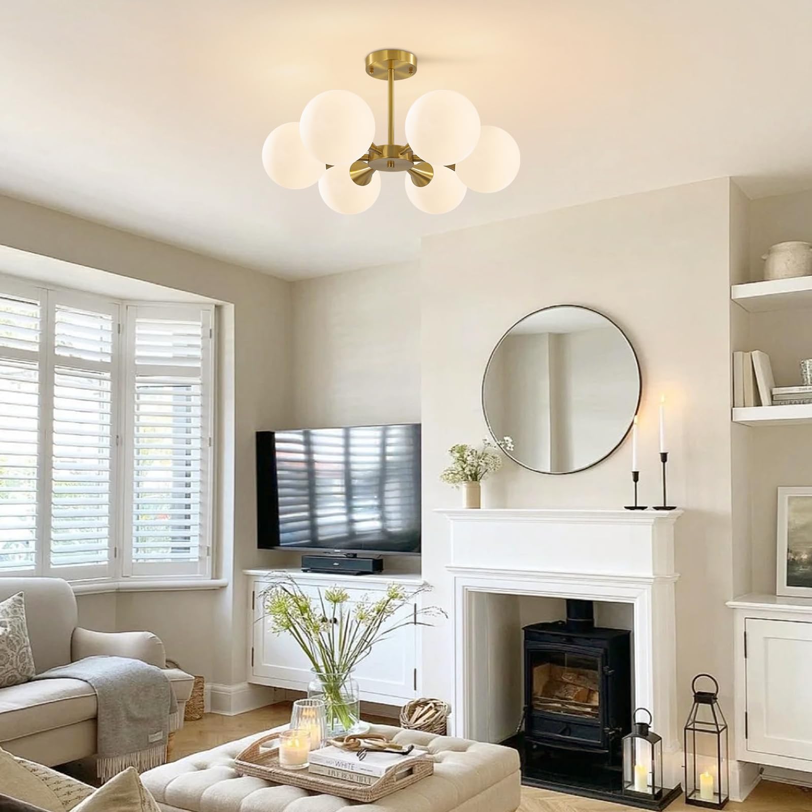 KCO Illuminazione Oro Spazzolato Sputnik Flush Mount Plafoniera Lampada Vetro Latte 6 Luci Semi Flush