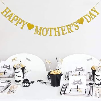 Happy Mother's Day Decorations Banner - NO DIY - Gold Glitter Mothers Day Party Supplies Decorations Backdrop for Mom Photo Props Photography