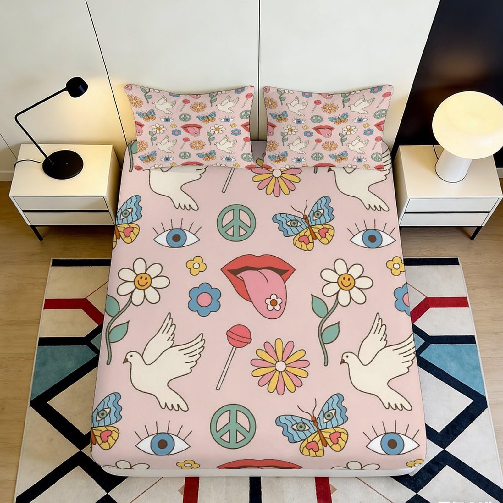 3D Printed Retro Doodle Peace Fitted Sheet Microfiber Soft Breathable Hippie Pop Mattress Cover for Bedroom Dorm Decor 120x200x25cm