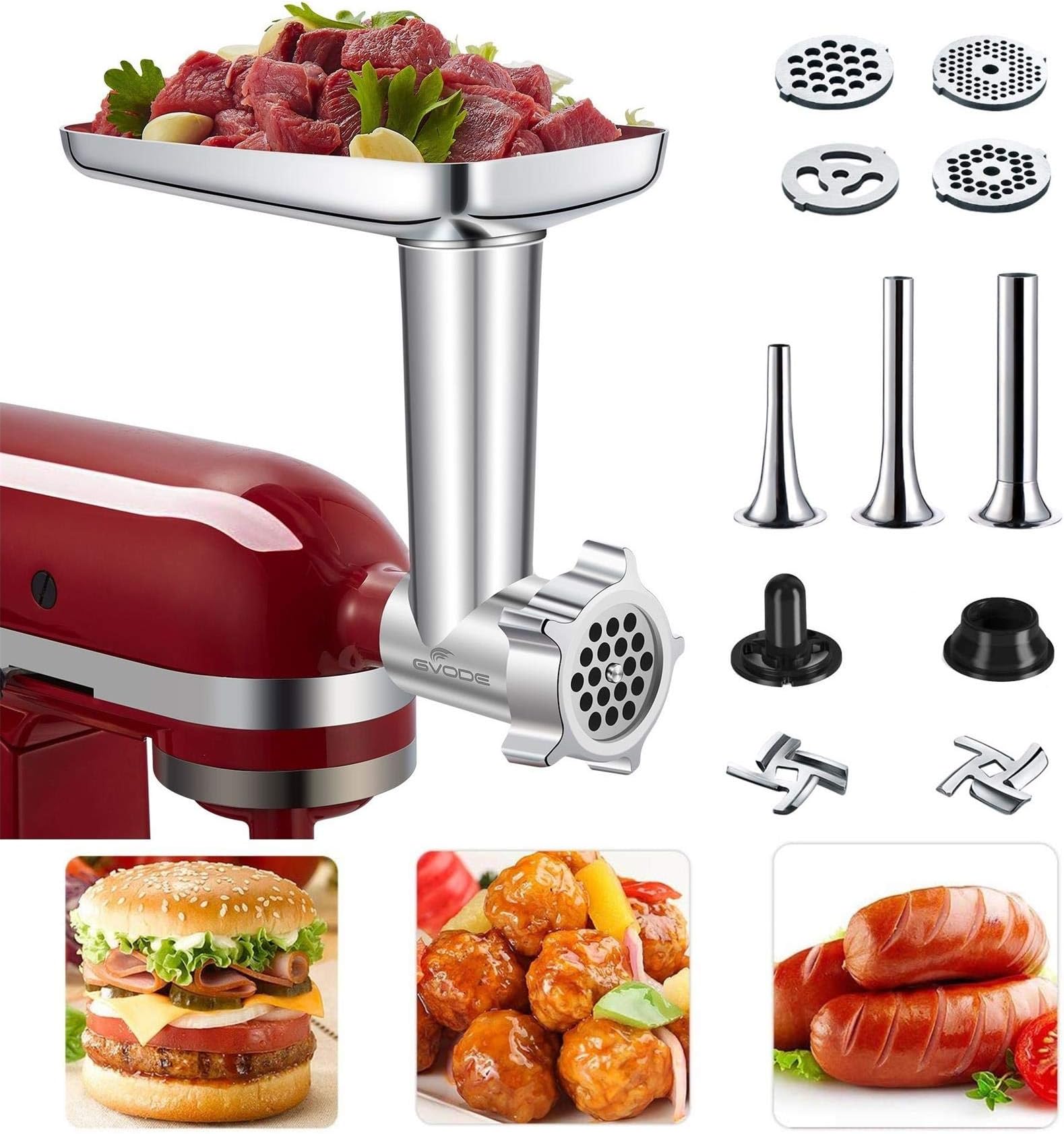 Metal Food Grinder Attachment for KitchenAid Stand Mixers Included 3 Sausage Stuffer Tubes & Kubbe Meat Processor Accessories