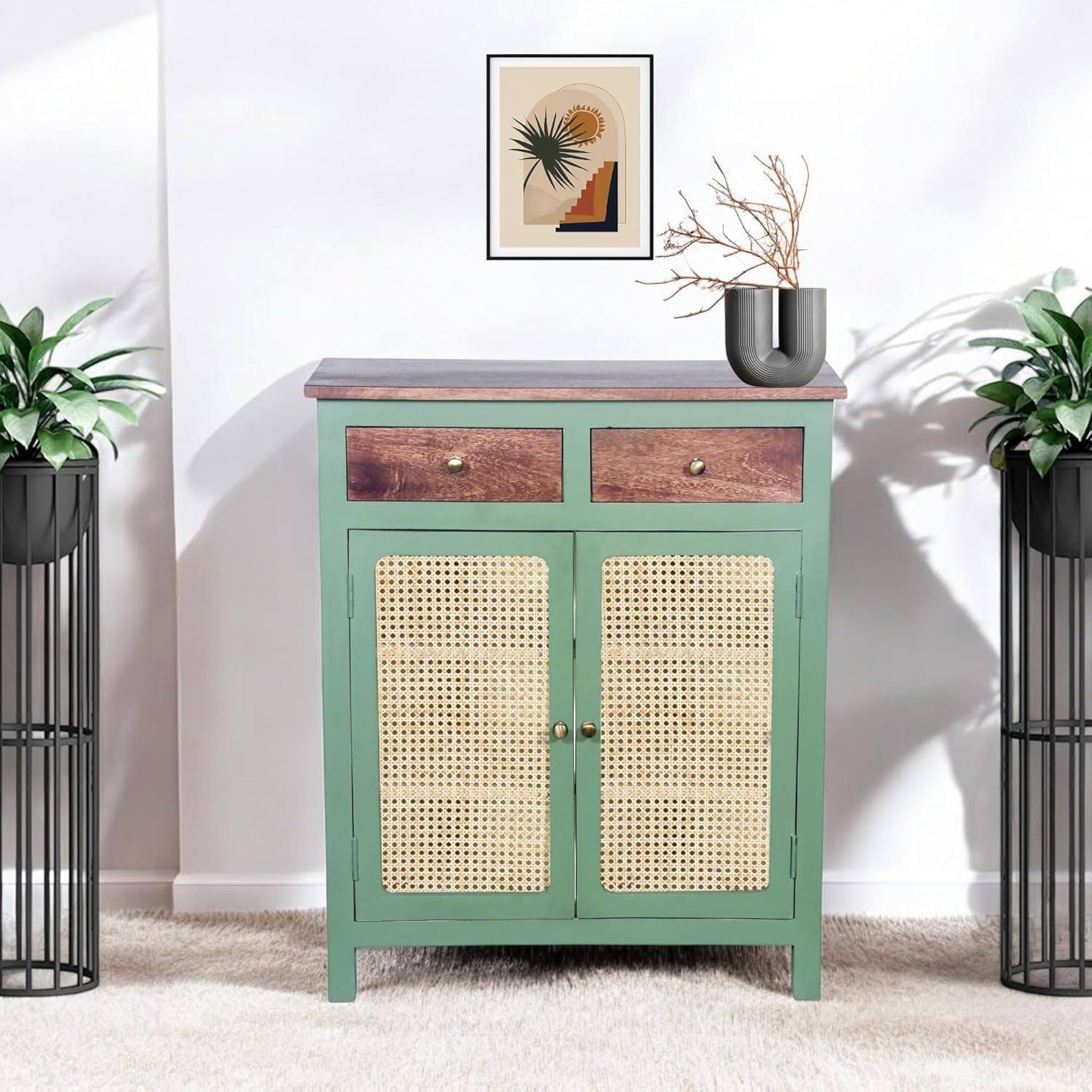 Wooden Cane Kitchen Cabinet with 2 Rattan Cane Door and 2 Drawers for Living Room | Solid Wood Kitchen Crockery Cabinet for Living Room with 2 Shelf for Storage. (Olive Green)-image-45