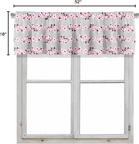 Miniatura 8 de Cenefa de cortina corta opaca con estampado floral de cerezo rosa y gris, bolsillo para barra, para decoración de cocina, dormitorio, 52 x 18