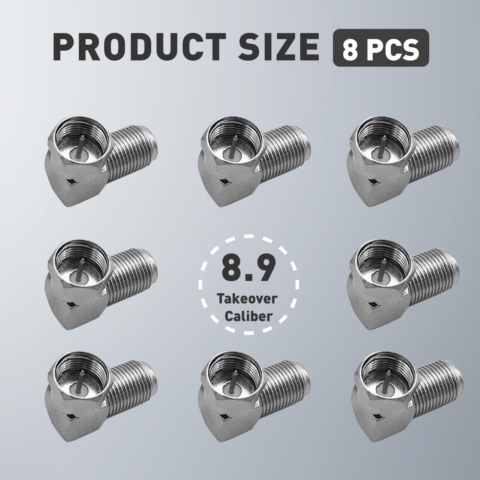 Zestaw 8 adapterów kątowych 90° do kabla koncentrycznego - adapter F-gniazdo F-wtyk F, do montażu naściennego telewizorów, wysokie tłumienie ekranowania, adapter tv air f męski, srebro