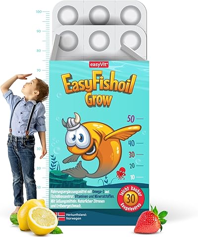 EasyFishoil Grow Omega 3 Kinder - 1 Monat - 30 Kaugeleedrop -Vitamine und Mineralstoffe, Fischöl Hochdosiert, Reines Fischöl, Kapseln für Kinder, Aus Norwegen, Halal Zertifikat, Omega 3 KIDS