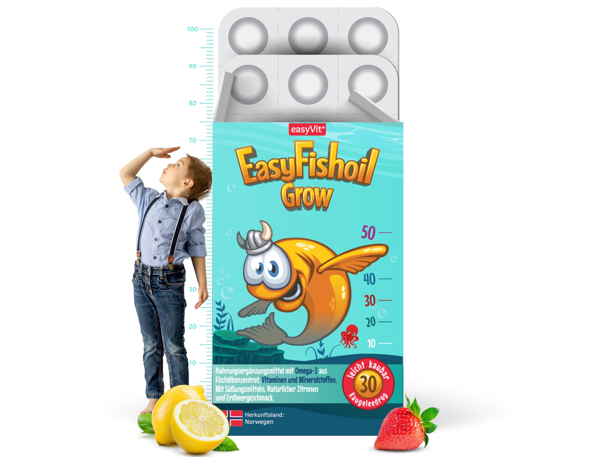 EasyFishoil Grow Omega 3 Kinder - 1 Monat - 30 Kaugeleedrop -Vitamine und Mineralstoffe, Fischöl Hochdosiert, Reines Fischöl, Kapseln für Kinder, Aus Norwegen, Halal Zertifikat, Omega 3 KIDS