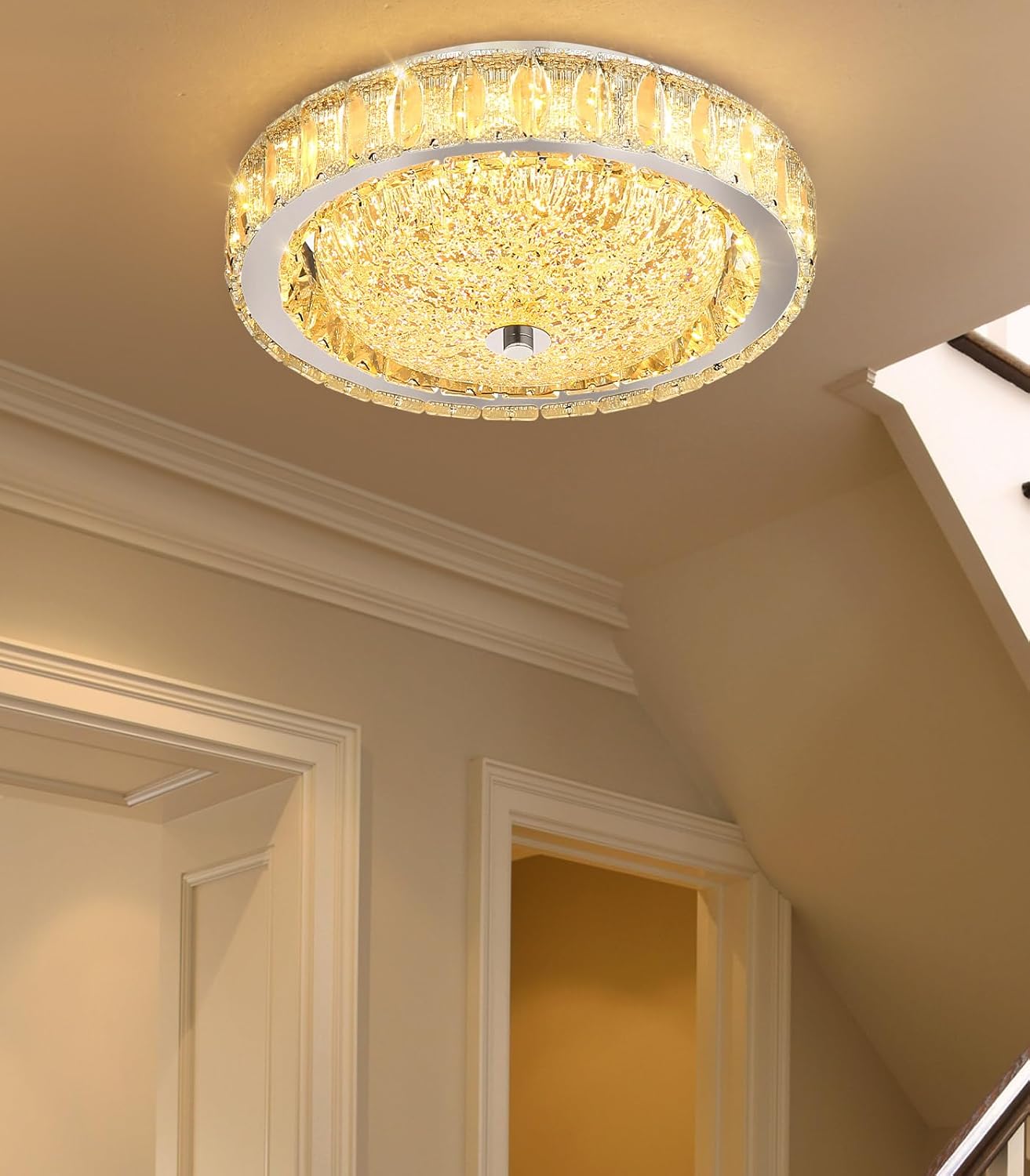 11.8" Modern Mini Crystal Chandelier Dimmable LED Flush Mount Ceiling Light with Remote Control for Bedroom Hallway Dining Room Silver