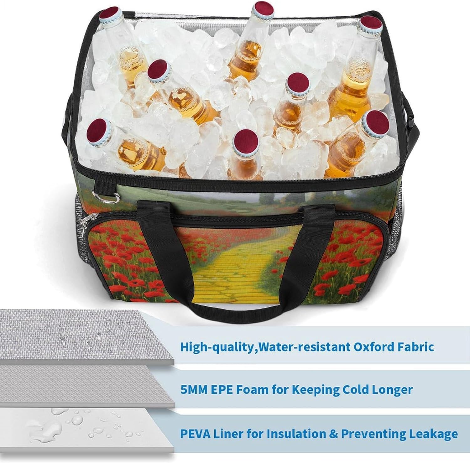 Insulated Picnic Backpack Tote Bag, Large Capacity 30L Poppies Field Yellow Brick Road Cooler Bag Leakproof Beach Bags Portable Lunch Box Waterproof Picnic Basket for Beach Camping BBQ